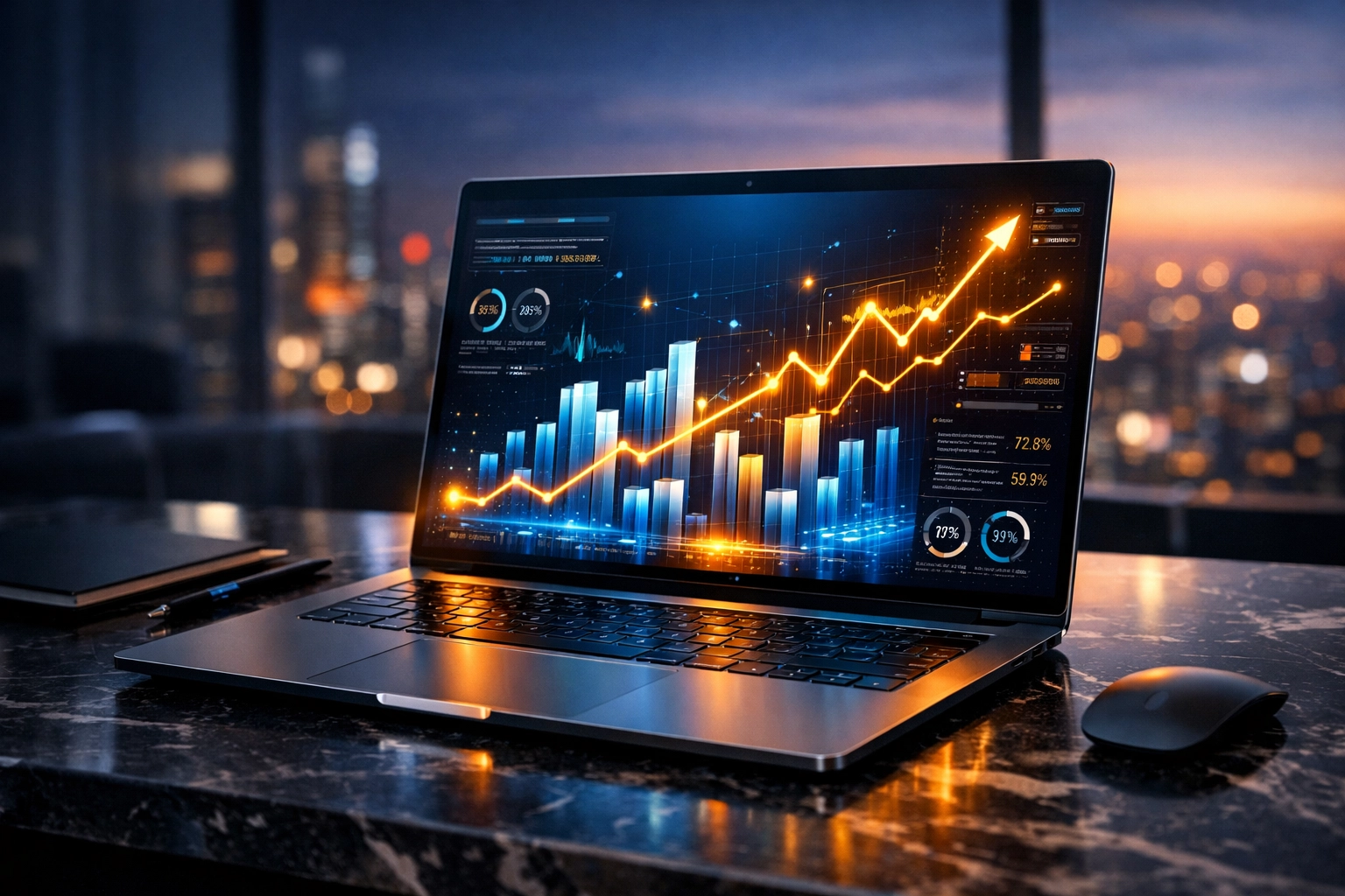 AI lead scoring dashboard on a laptop showing predictive revenue charts and digital marketing growth.