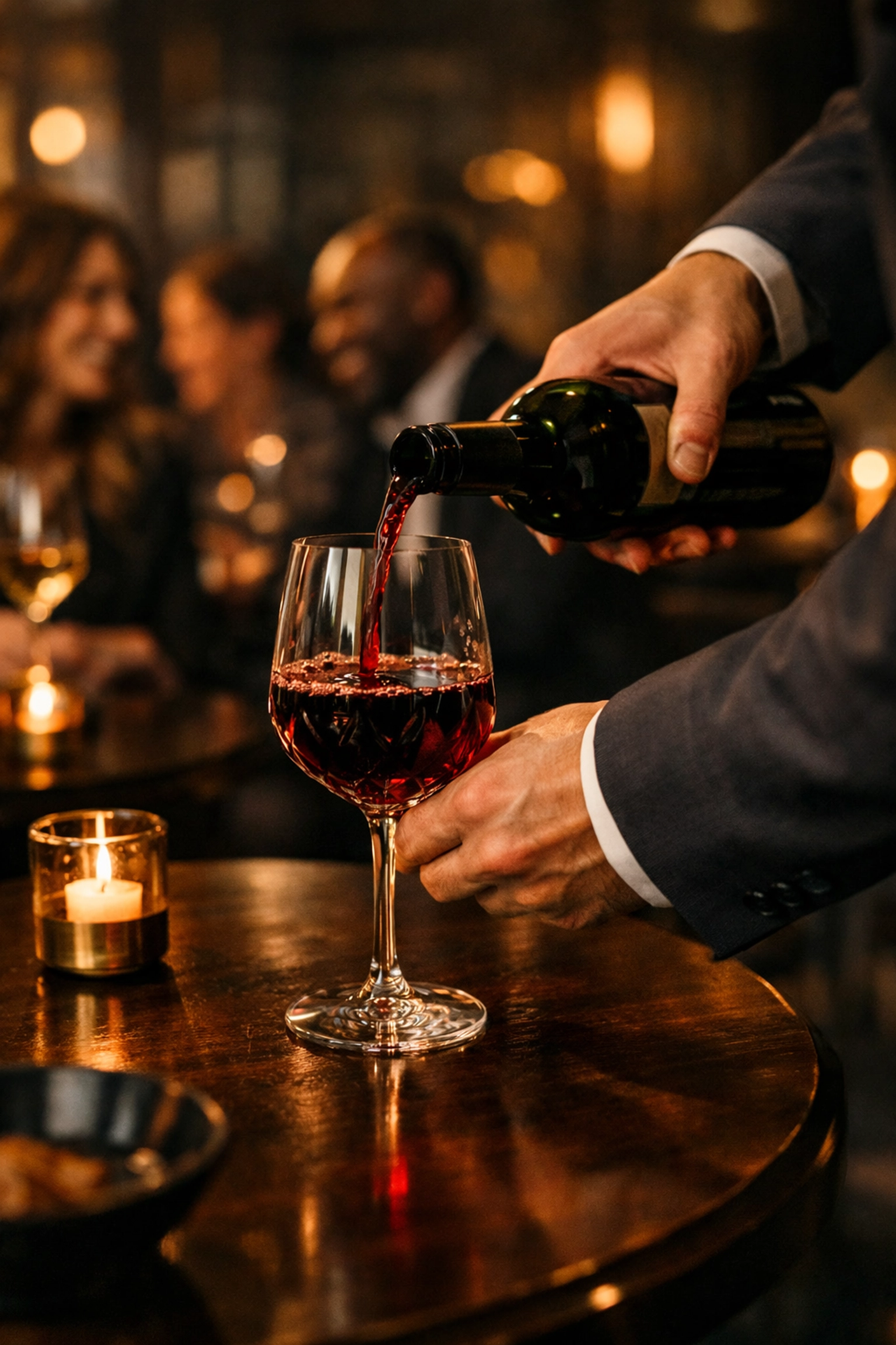 Discrete luxury event waitstaff refilling wine for professional guests in an upscale Chicago lounge.