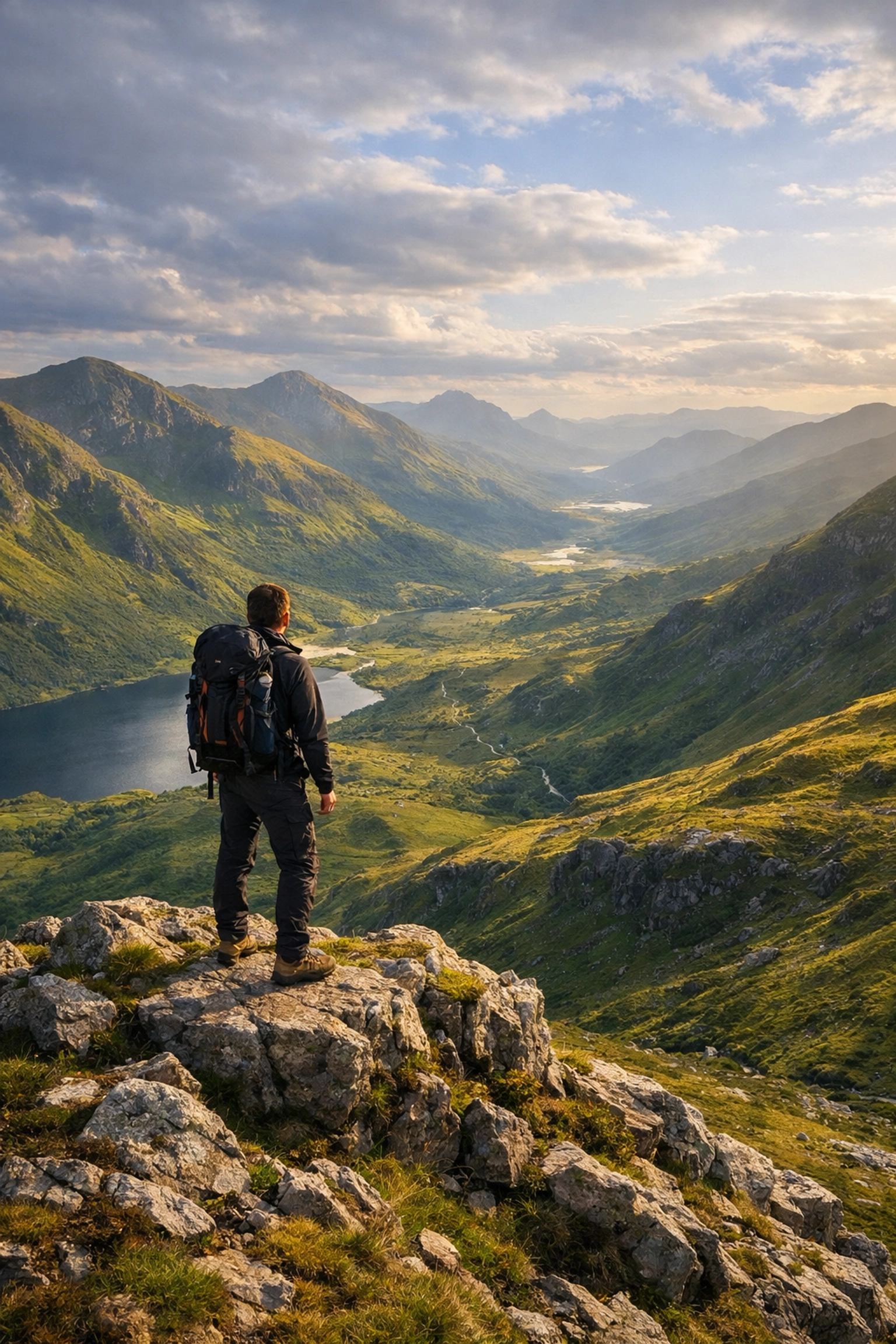A lone hiker with a lightweight backpack enjoying views of the British Highlands during a wild camping adventure.