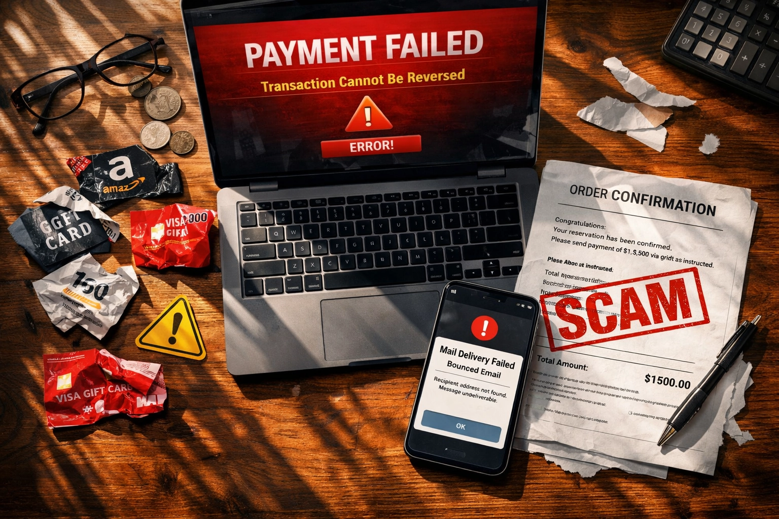 Travel scam warning signs including gift cards and irreversible payment fraud on desk