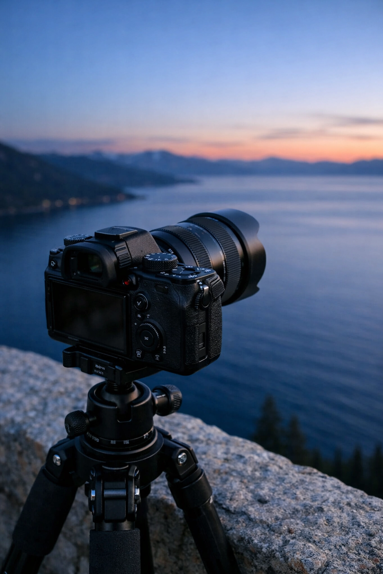 Professional camera on a tripod capturing the blue hour over Lake Tahoe from a granite cliff overlook.