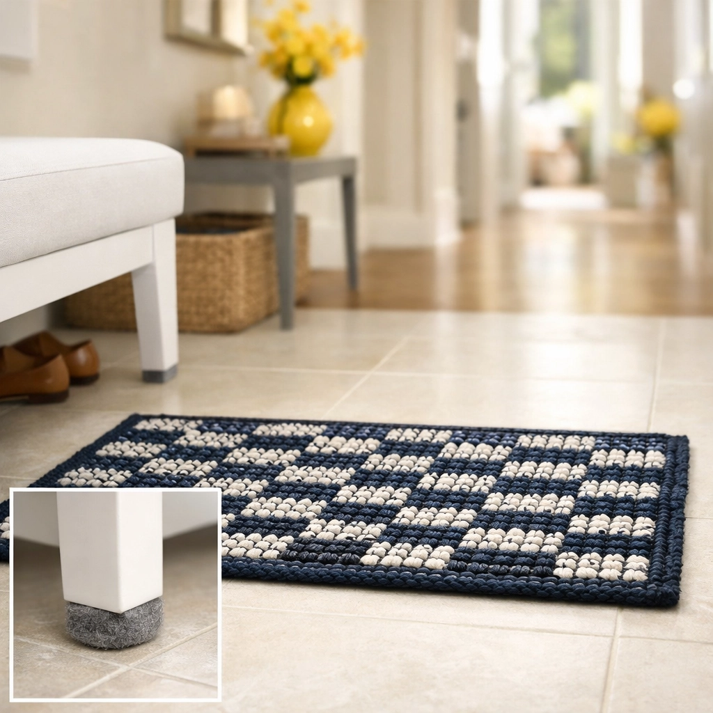 Protective felt pads on furniture legs and a clean entryway mat to prevent unsightly floor scuff marks.