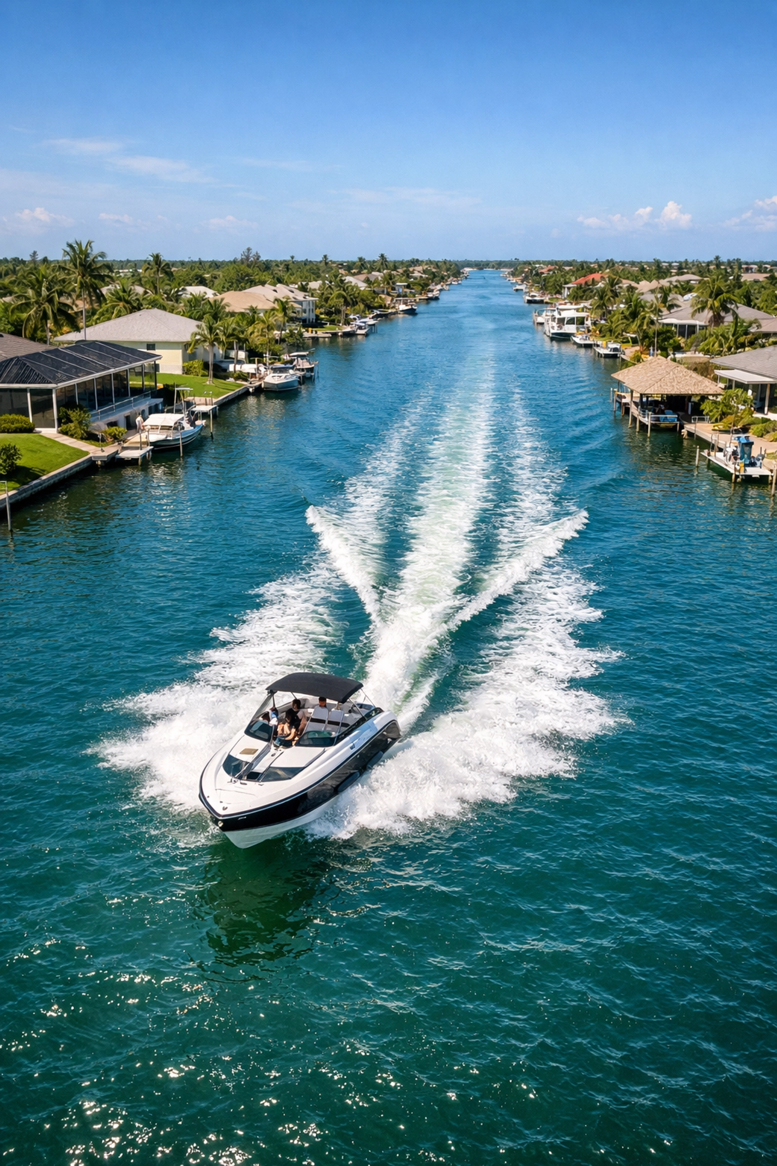 A motorboat cruising through a Northwest Cape Coral canal, illustrating the local waterfront lifestyle.