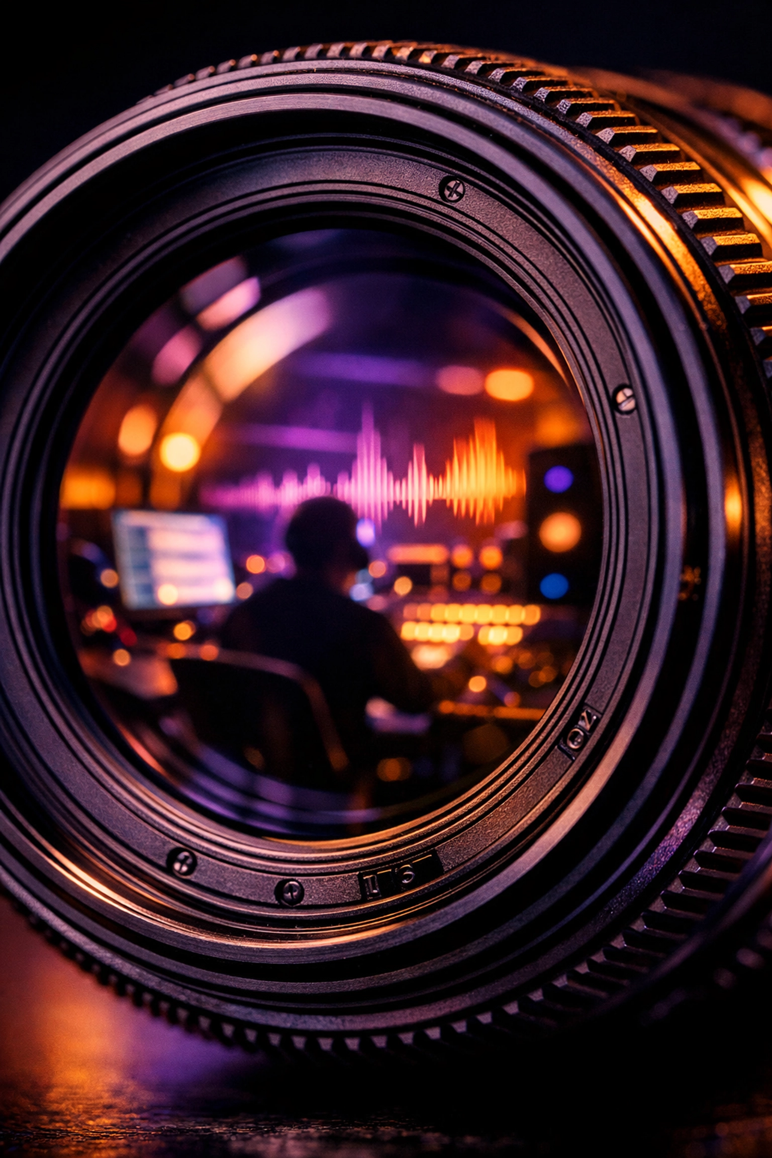 Macro view of a camera lens reflecting a professional video studio for YouTube content creation.