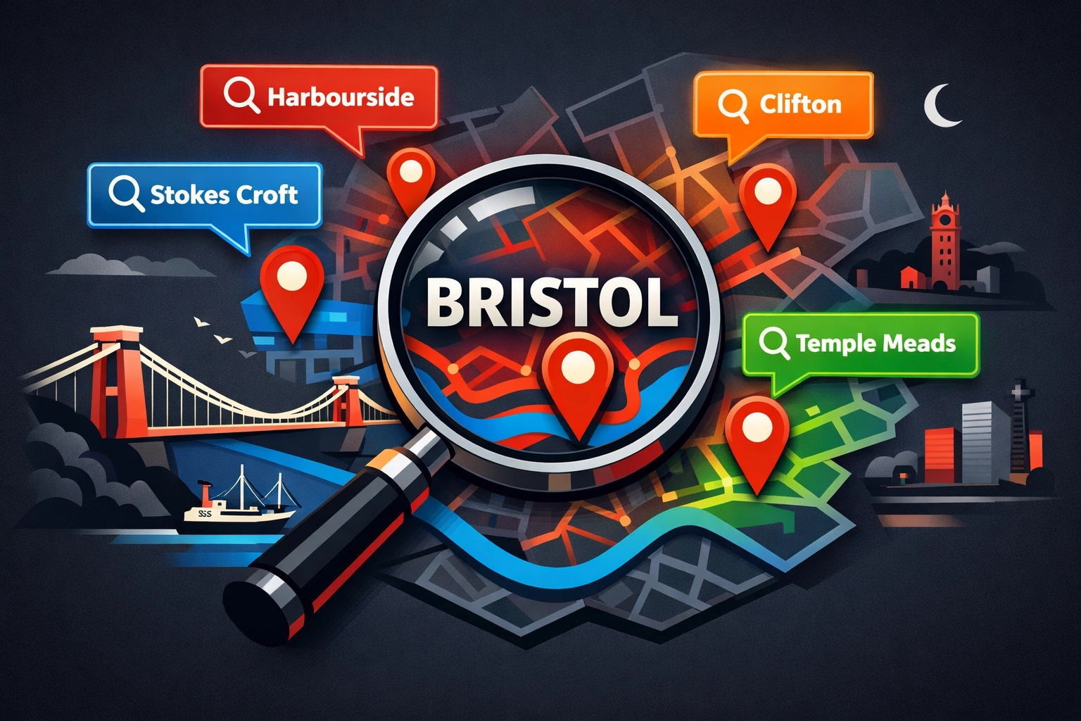 Bristol map with local search keywords and location pins for SEO targeting