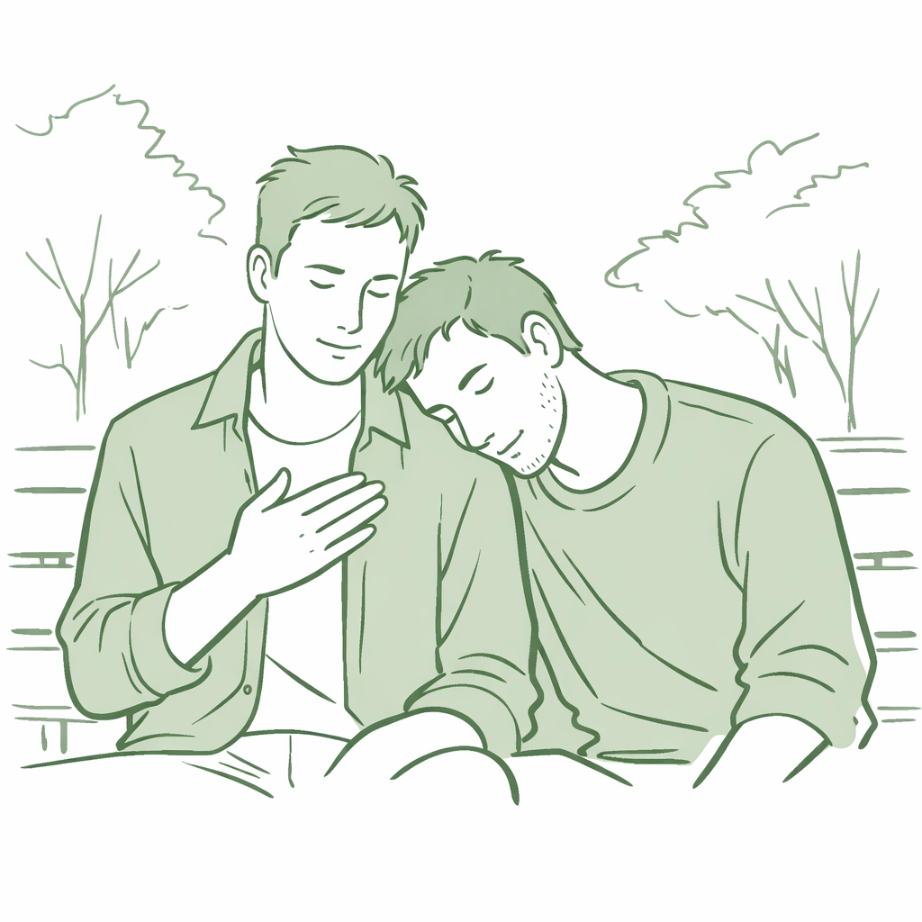 Two men sharing a vulnerable moment on a park bench illustrating emotional honesty in MM romance writing