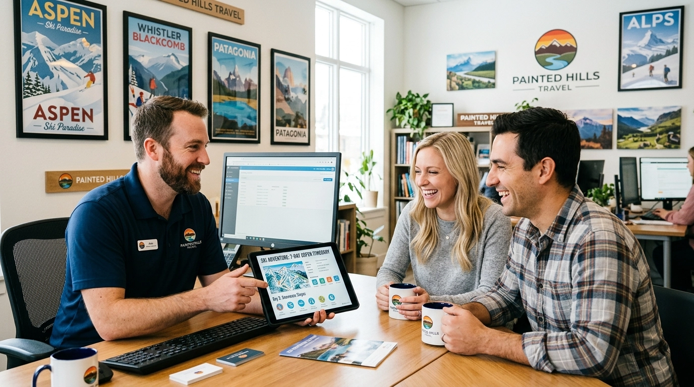 A travel advisor showing a digital tablet with a ski itinerary to a smiling couple in a modern office.