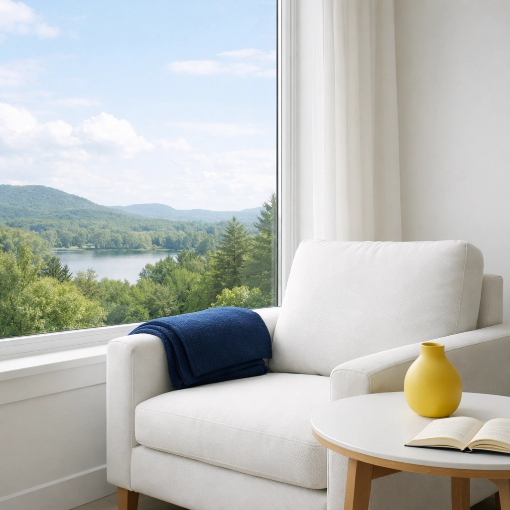 A minimalist and clean reading nook in Lincoln showcasing the mental clarity provided by a professional deep cleaning.