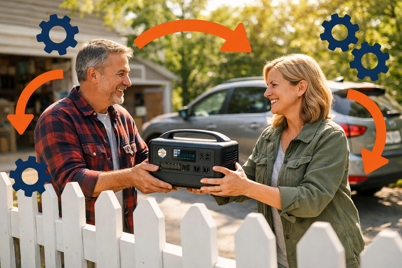 Friendly neighbors exchanging a portable power station, highlighting the local sharing economy.