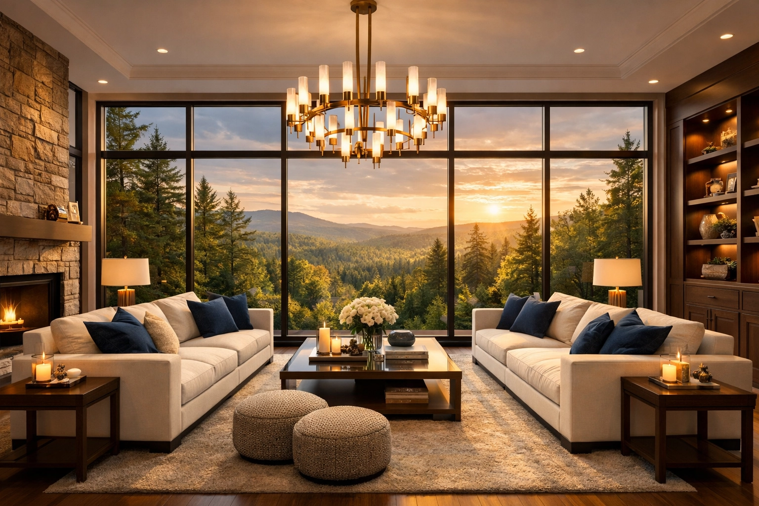 A spotless luxury living room in Boxford overlooking the state forest after a deep cleaning service.