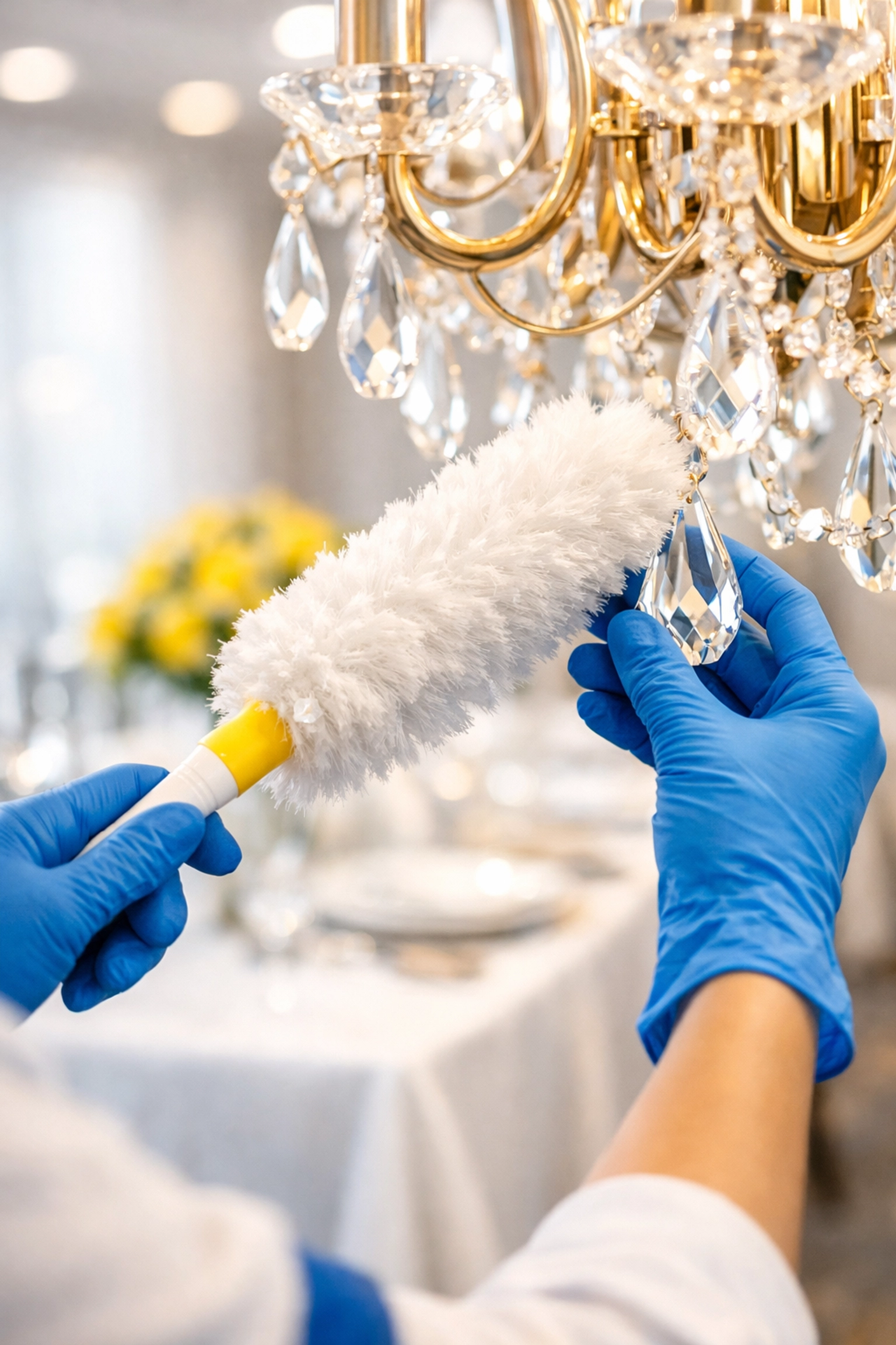 Detailed dusting of light fixtures by a professional house cleaning service in Wellesley MA.