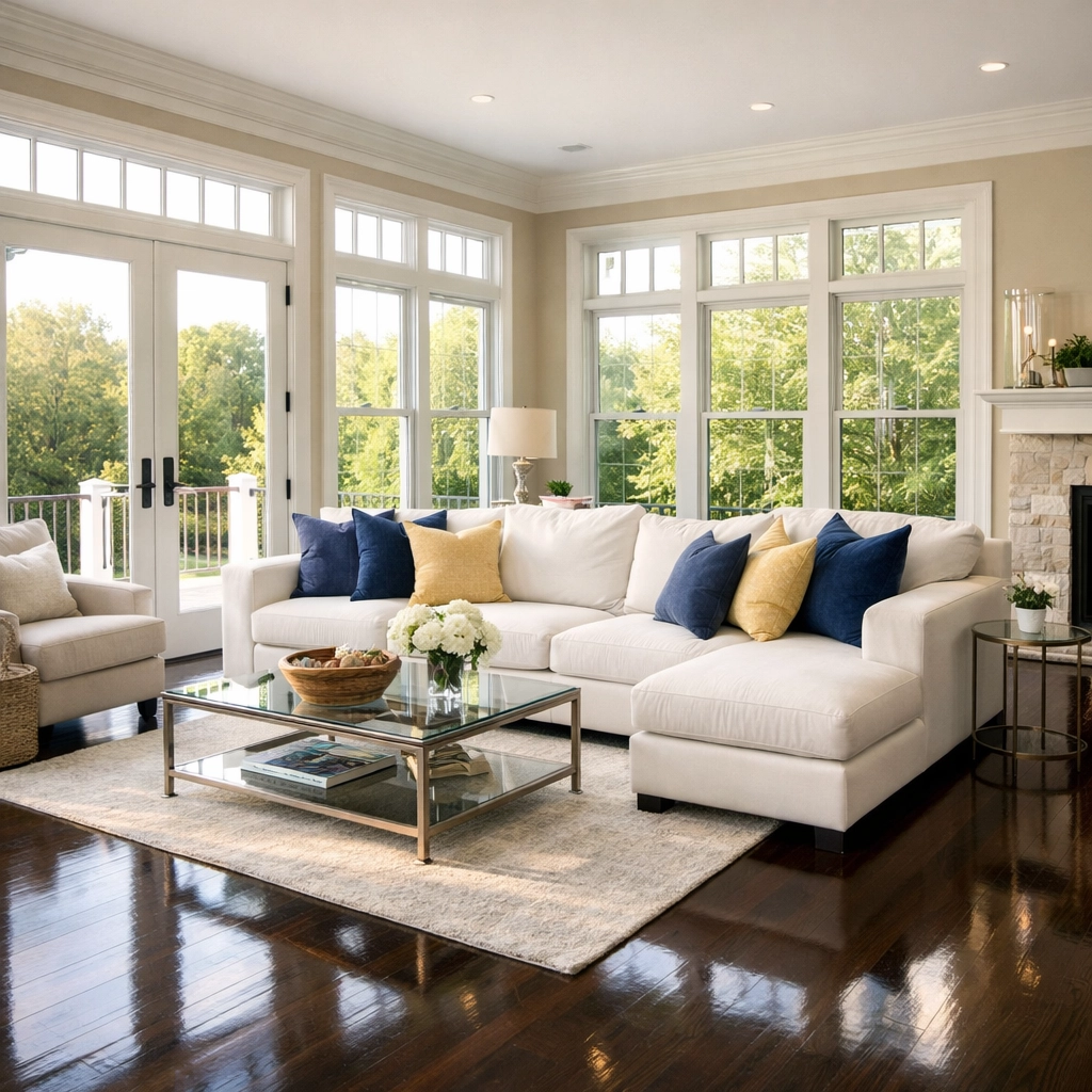 Sun-drenched living room with polished floors from expert house cleaning Shirley MA services.