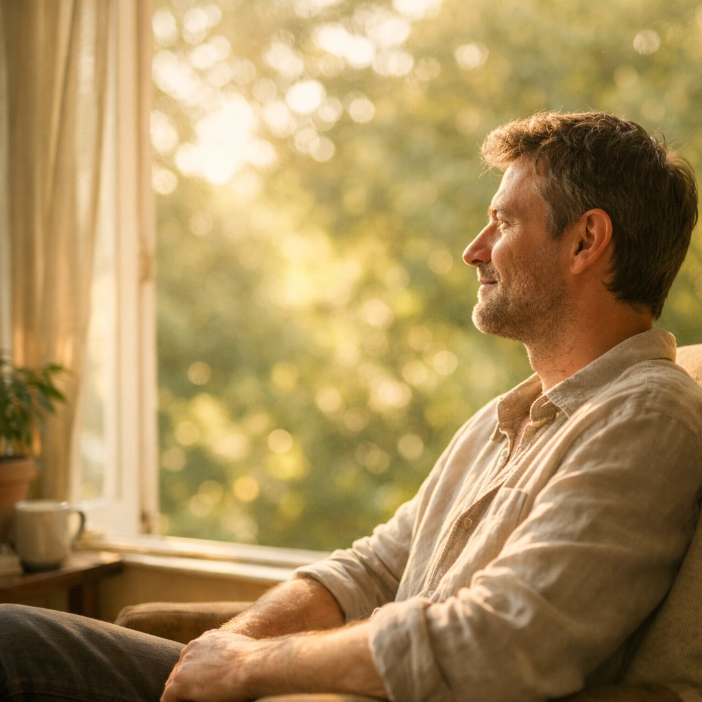 Megkönnyebbült férfi az ablaknál, a merevedési zavar szervi okainak tisztázása után.