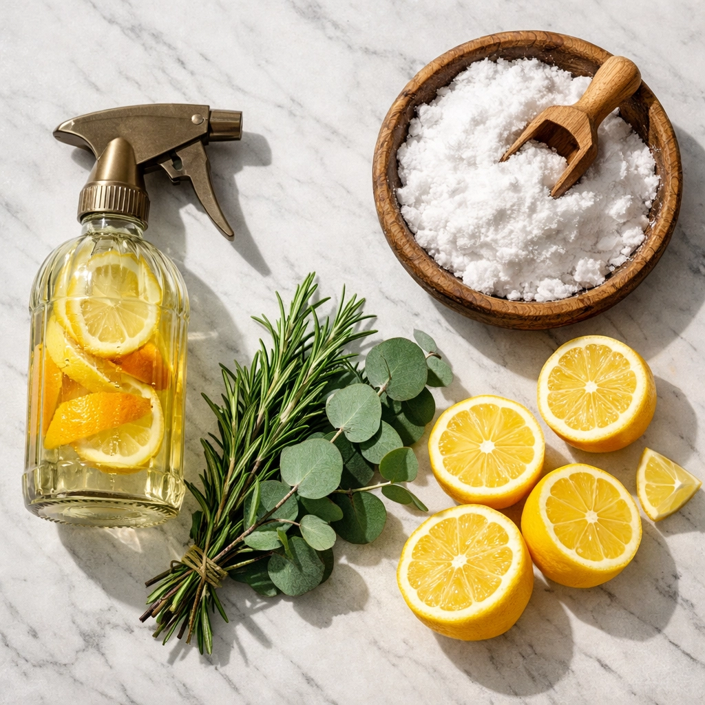 Flat lay of natural cleaning supplies: vinegar, baking soda, lemons, and fresh herbs.