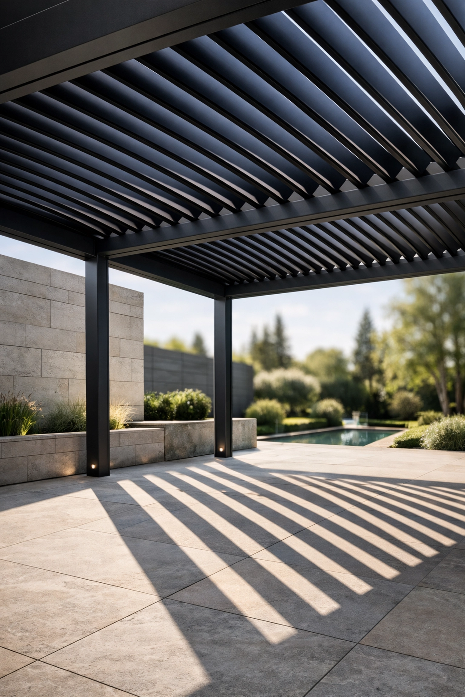 Modernes anthrazitfarbenes Lamellendach in Wien mit verstellbaren Lamellen für exklusives Outdoor Living.