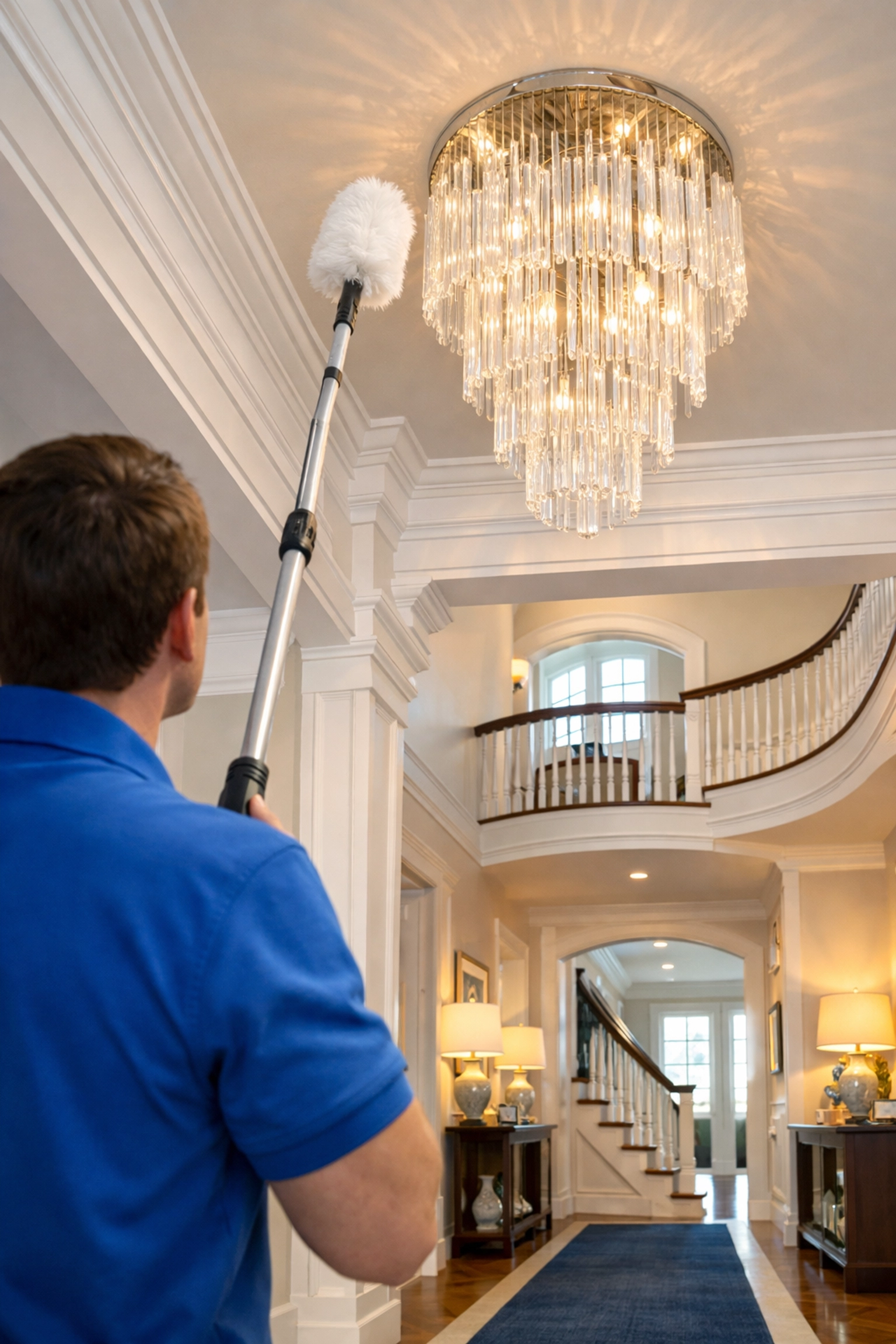 Expert residential cleaning Massachusetts featuring professional high-reach dusting of a luxury home foyer.