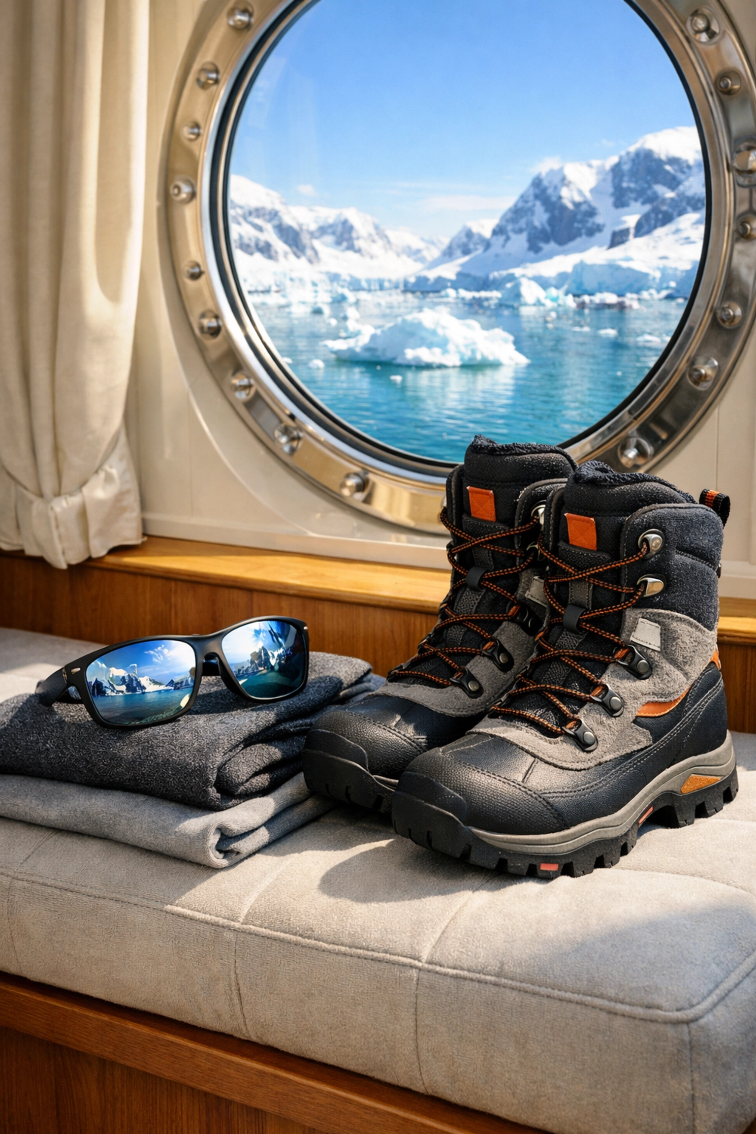 Essential Antarctic travel gear and luxury layers organized inside a sunlit expedition ship cabin.