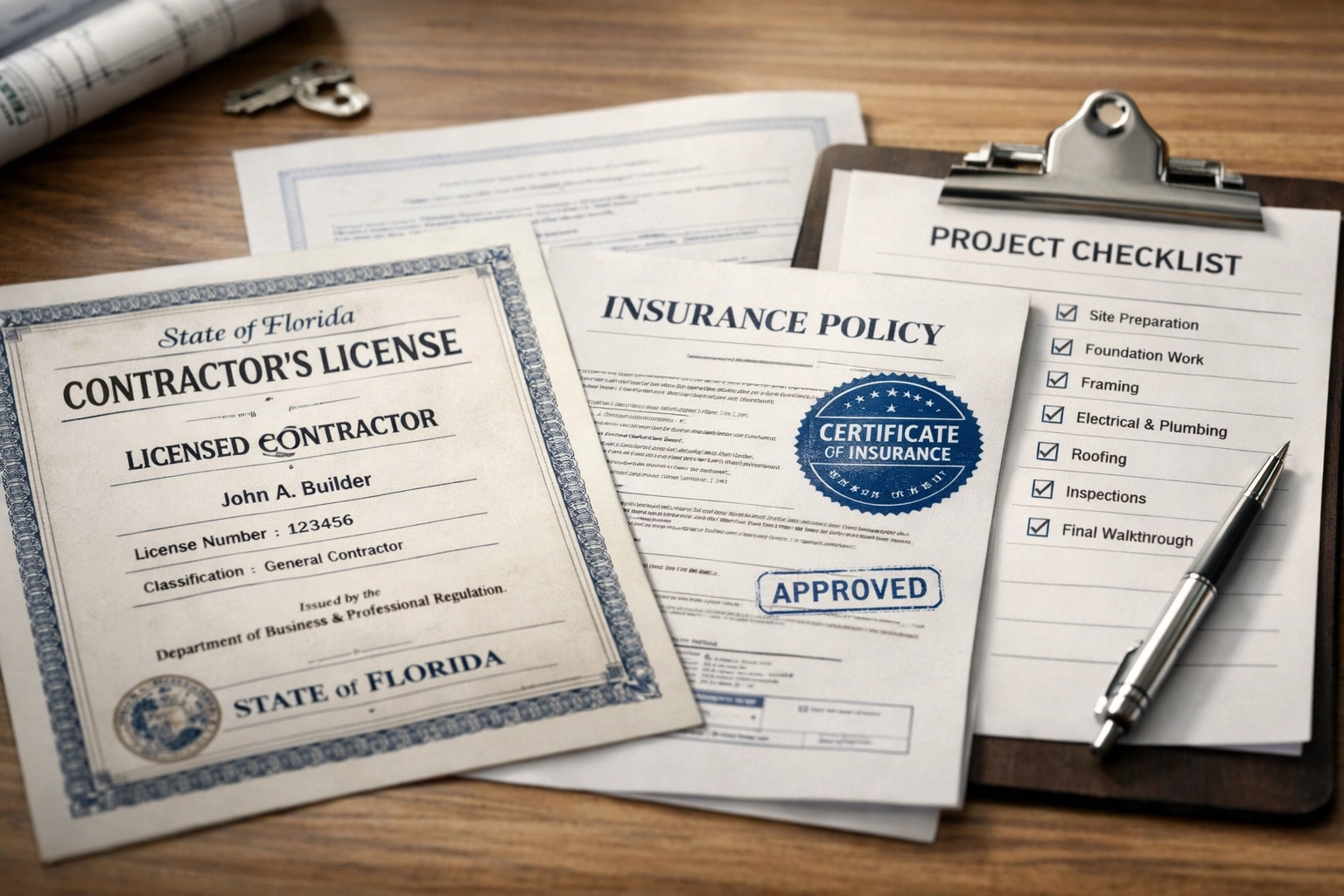 Florida contractor license and insurance documents for Orlando remodeling project