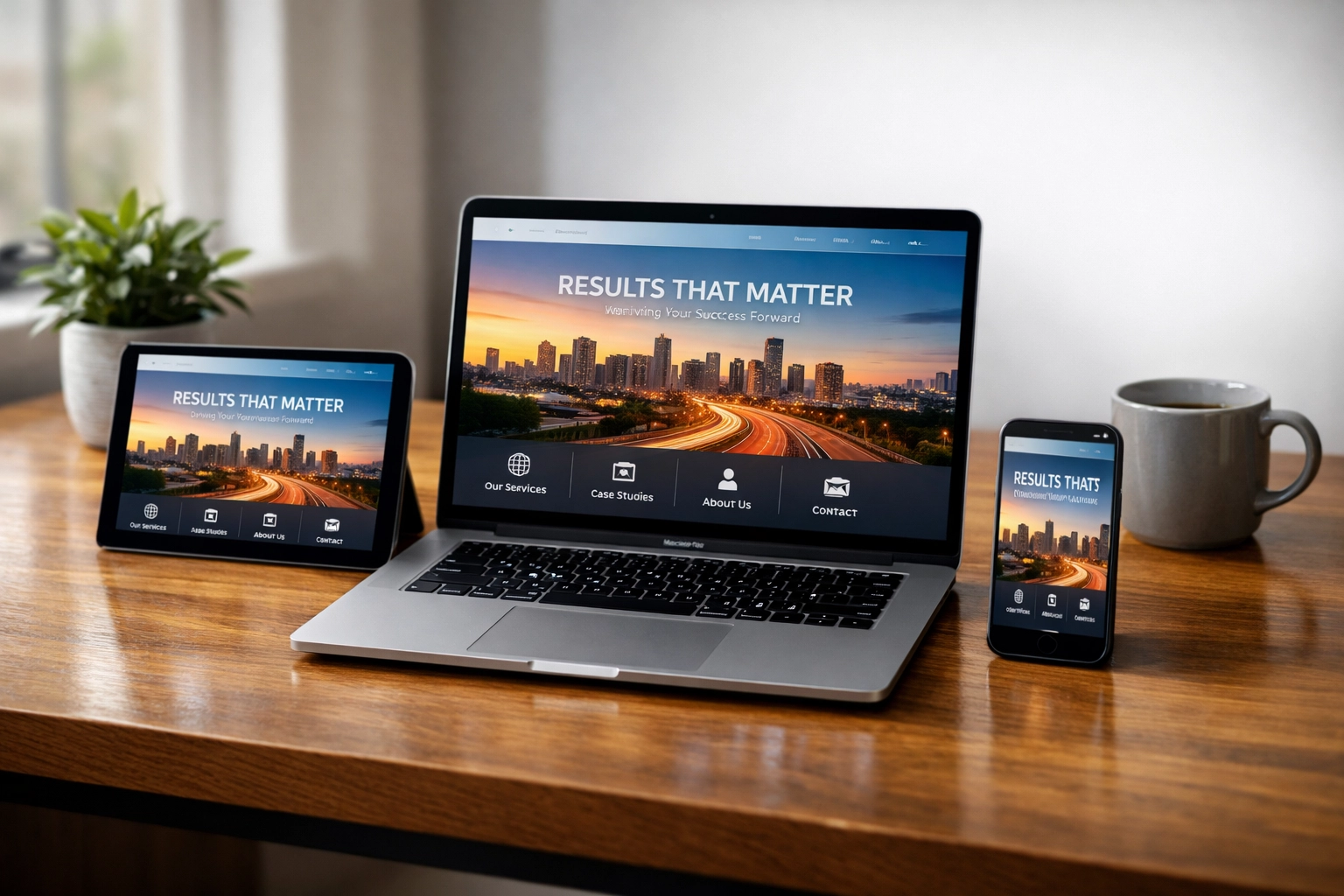 Modern responsive website design on a laptop and mobile devices showing custom UX/UI layout.