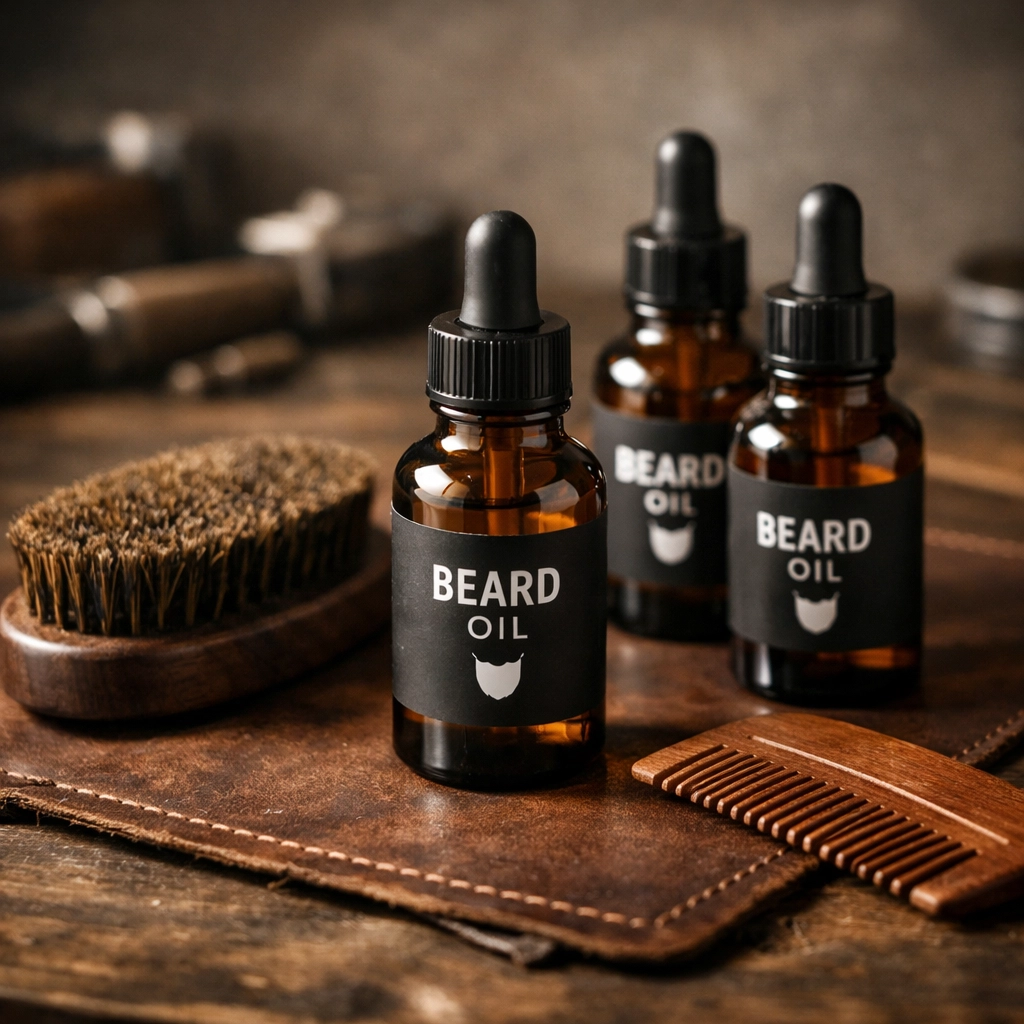 Amber beard oil bottles with a wooden comb and boar hair brush on a leather grooming mat.