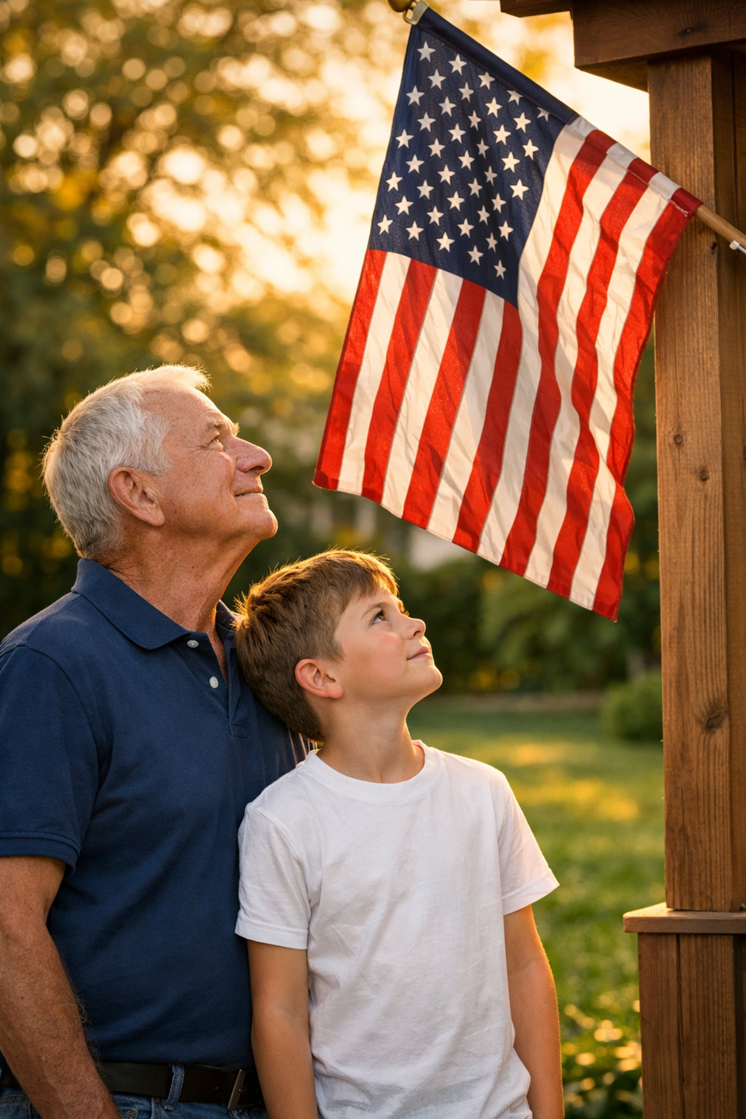 Grandfather and grandson honoring the American flag as part of their heritage and civic education.
