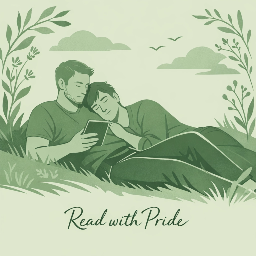 MM couple relaxing outdoors while reading a queer fiction eBook from Read with Pride.