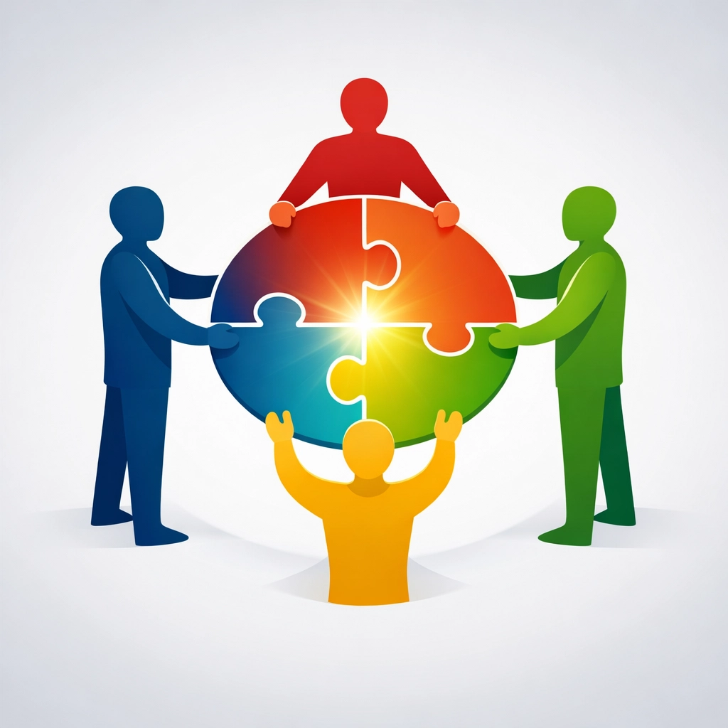 Four people joining puzzle pieces together representing Christian community and teamwork