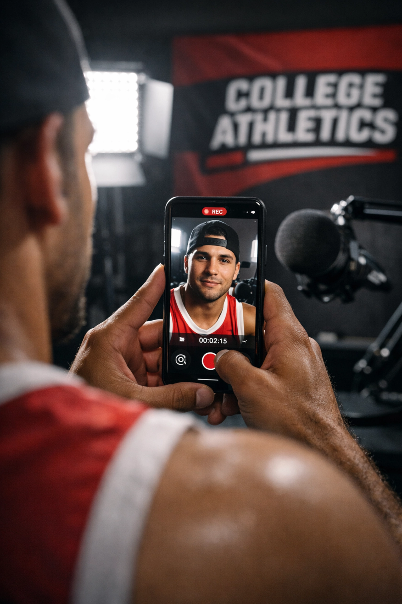 NIL athlete filming professional social media content with smartphone and studio equipment