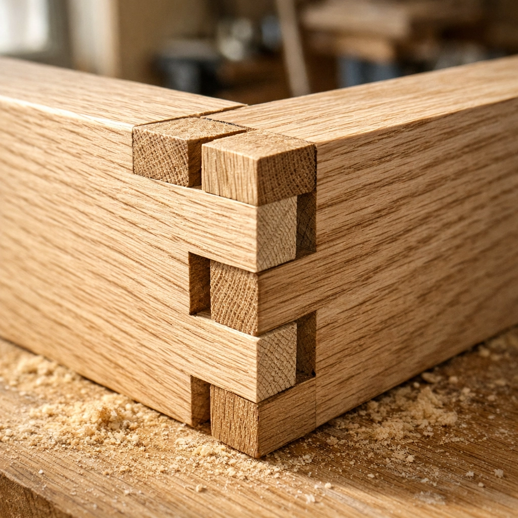 Close-up of a high-quality white oak dovetail joint for durable kitchen cabinet drawer construction.