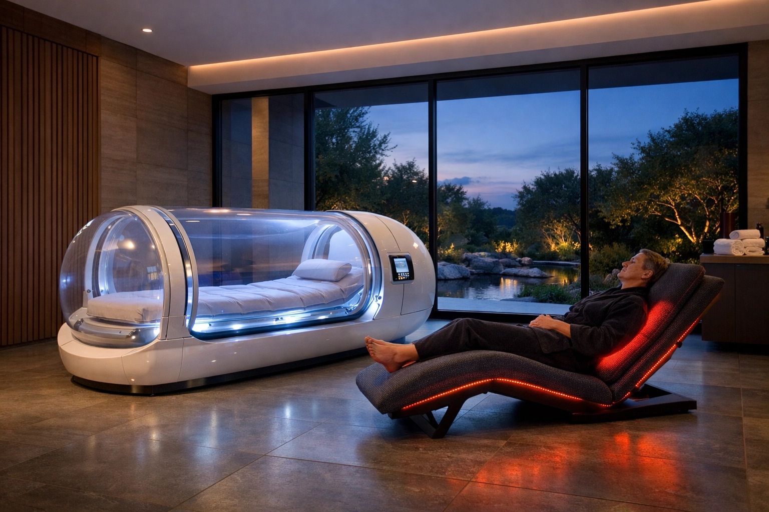 Modern home wellness suite with a hyperbaric oxygen chamber and infrared recovery furniture for longevity.