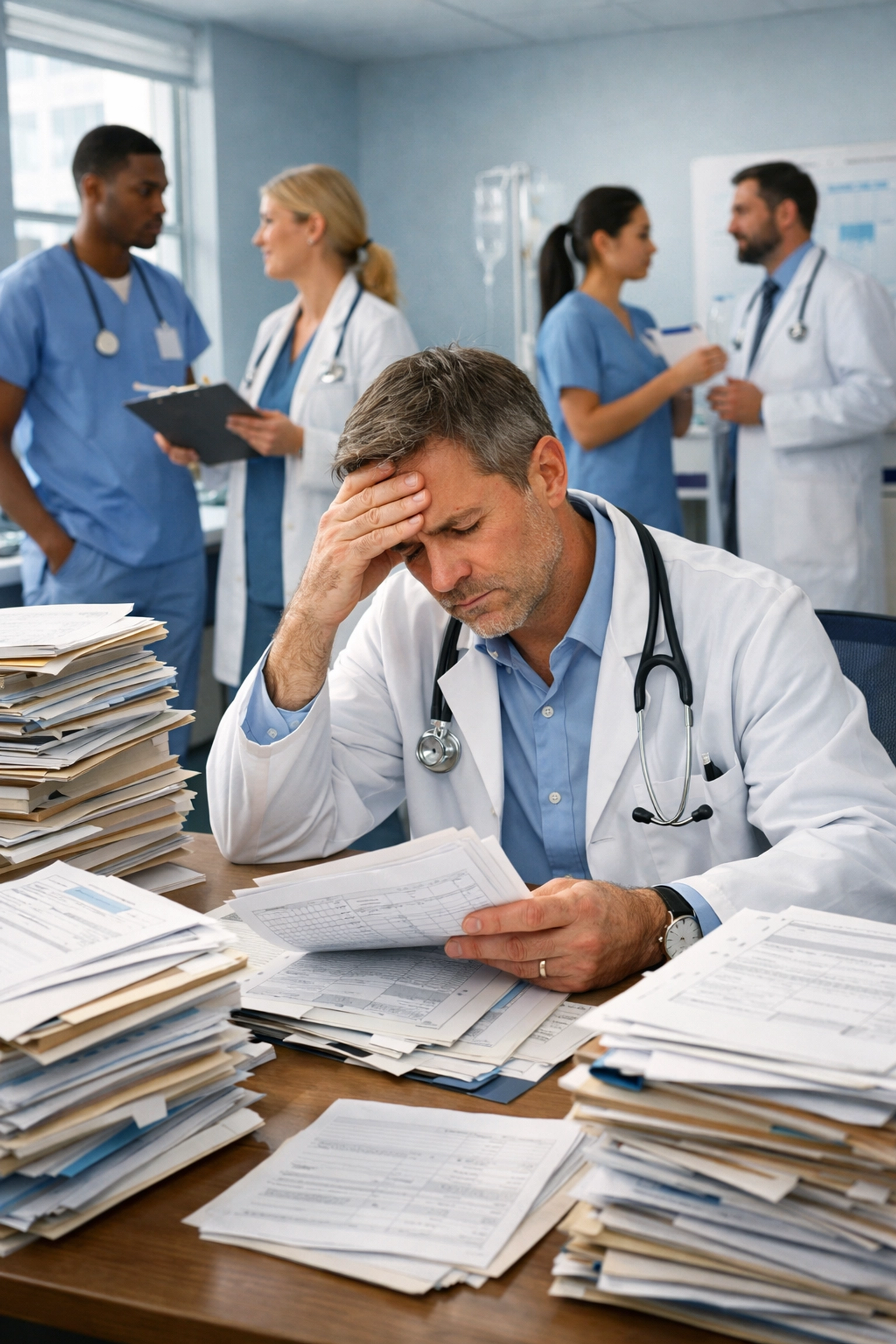 Physician overwhelmed by manual clinical documentation and paper charts at desk