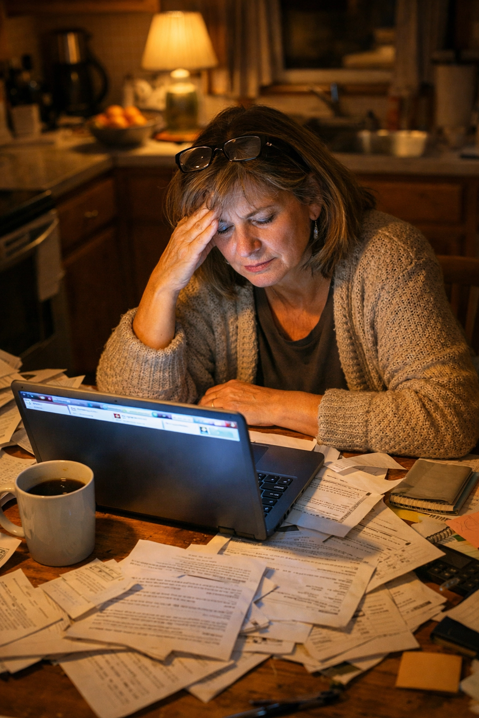Overwhelmed woman researching senior transition services late at night on laptop