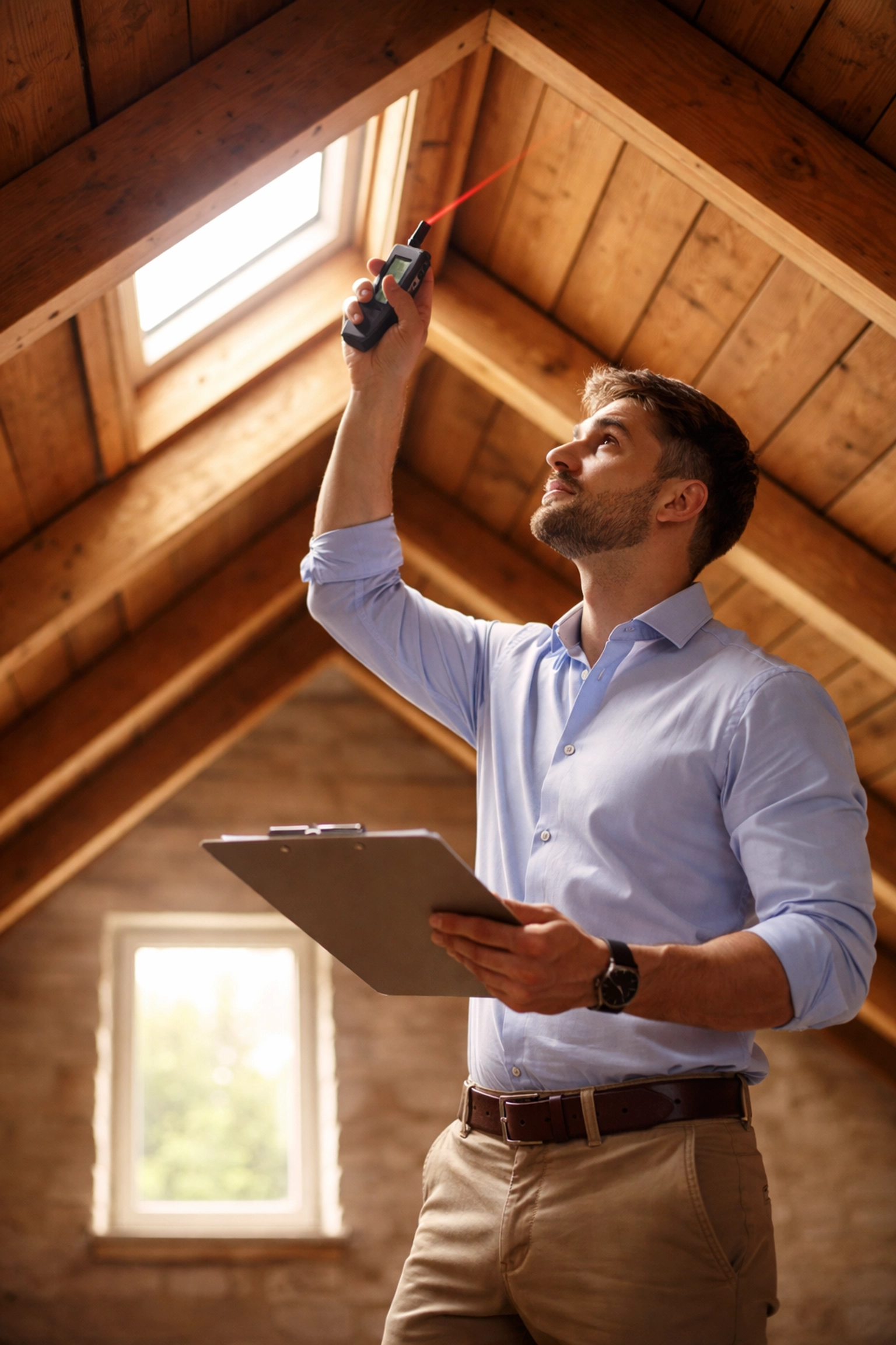 Surveyor measuring loft head height under skylight during Bournemouth loft conversion inspection