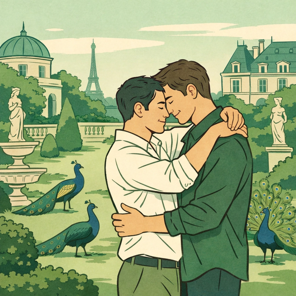Two men embrace in elegant Paris garden celebrating rekindled love and commitment