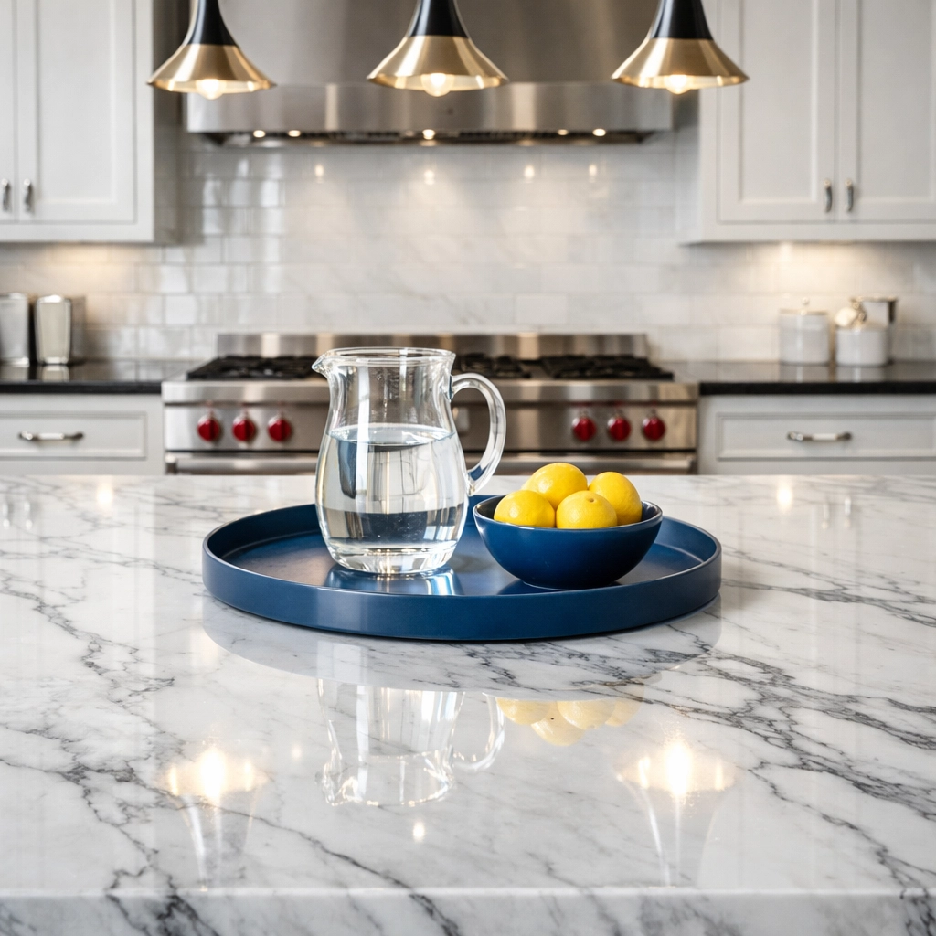 Spotless Calacatta marble kitchen island maintained with premium eco-friendly house cleaning solutions in Weston.