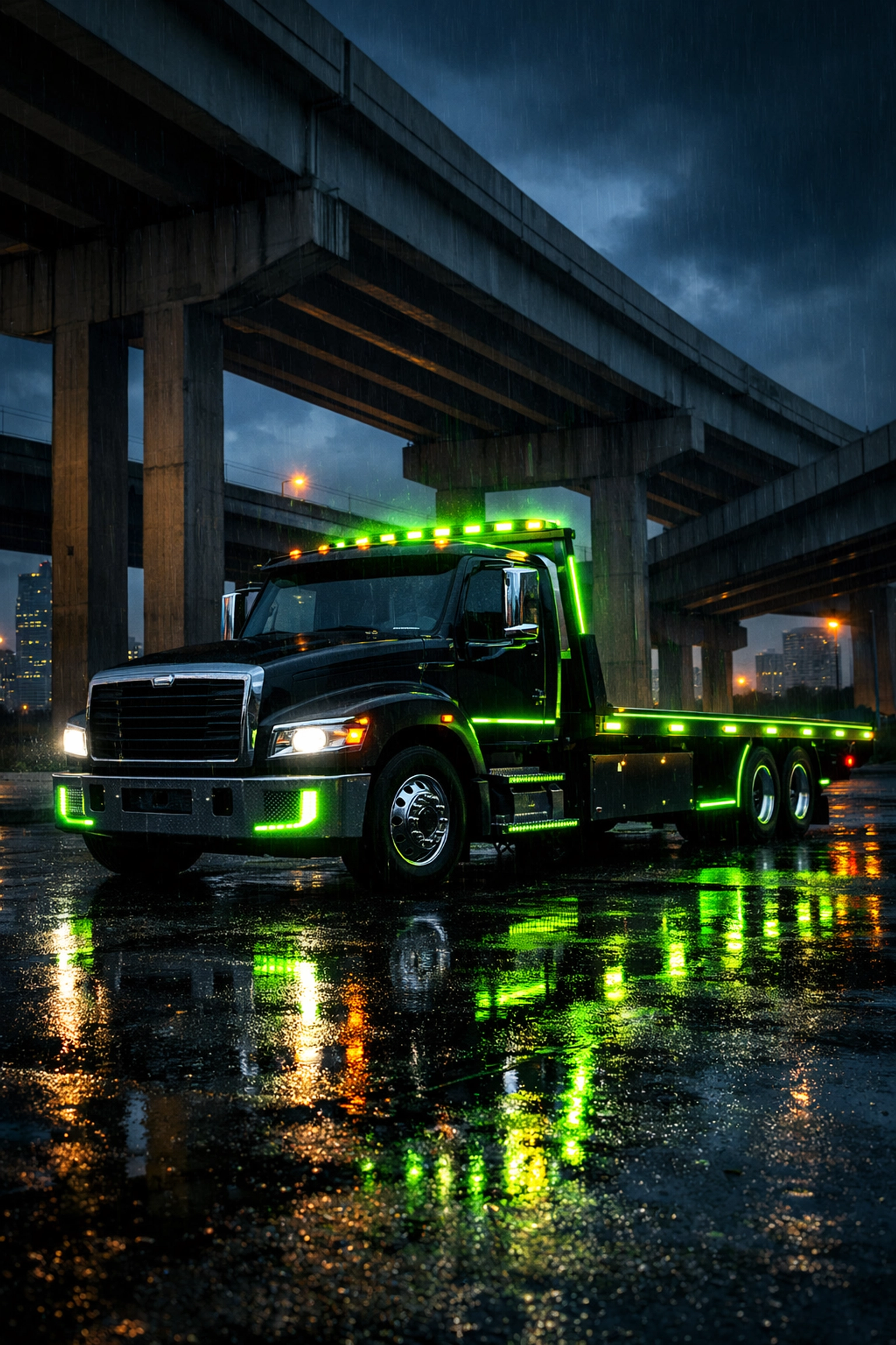 Professional flatbed tow truck providing reliable winch out service Houston during rainy weather.