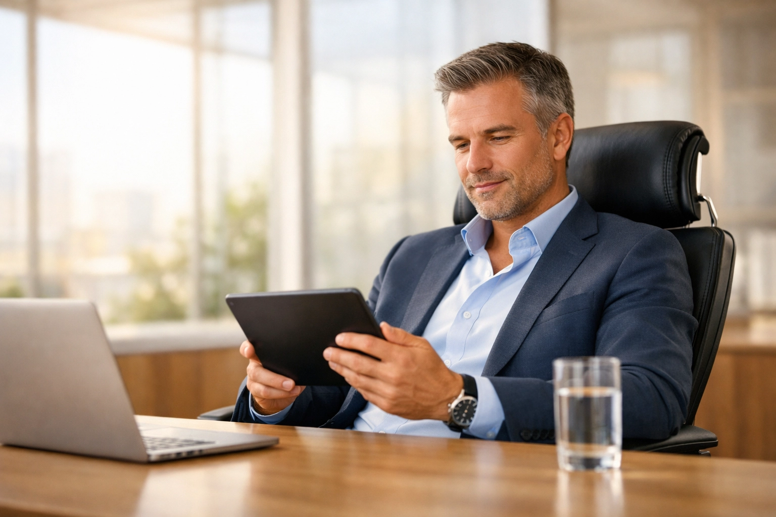 Confident founder managing business automation on a tablet in a modern office, representing the Orbit Business model.
