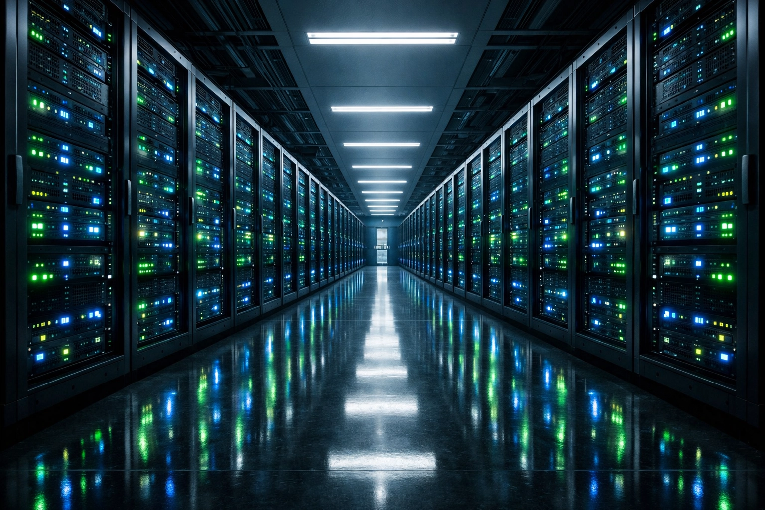 Rows of glowing server racks in a modern data center representing robust IT infrastructure solutions.