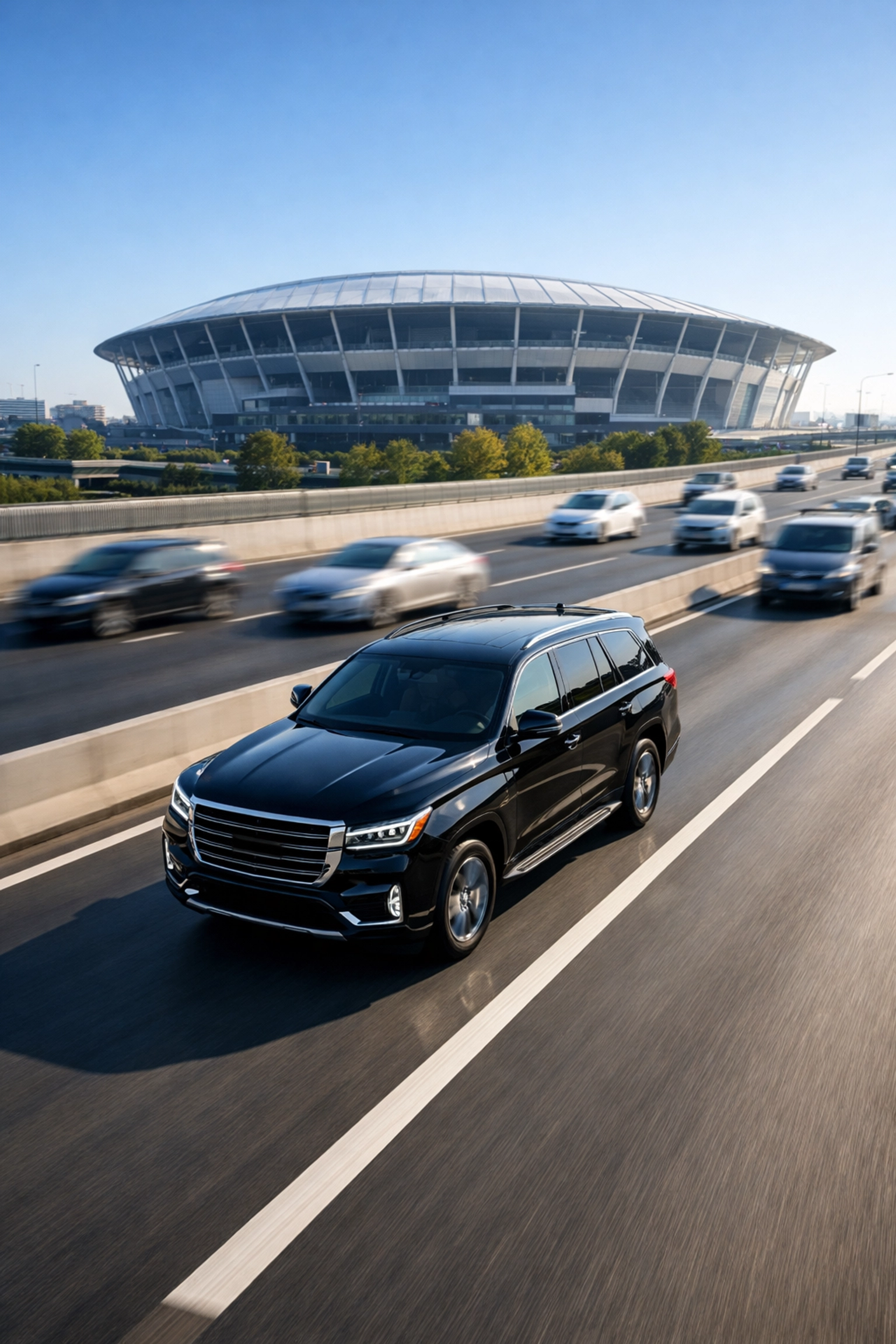 Executive SUV utilizing a dedicated lane to avoid Super Bowl traffic near the stadium.