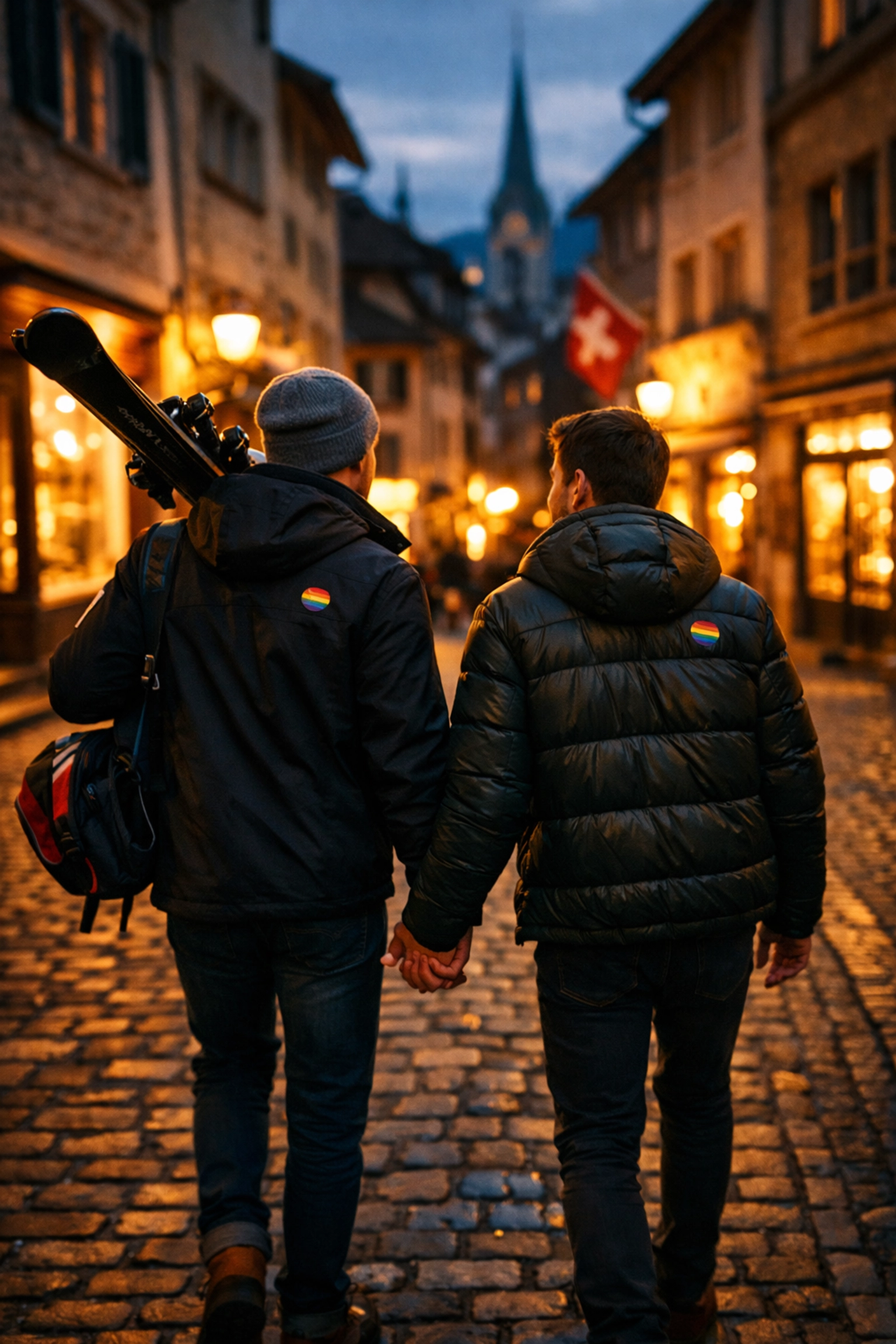 Gay couple holding hands in Zürich old town with ski gear heading to Swiss Alps