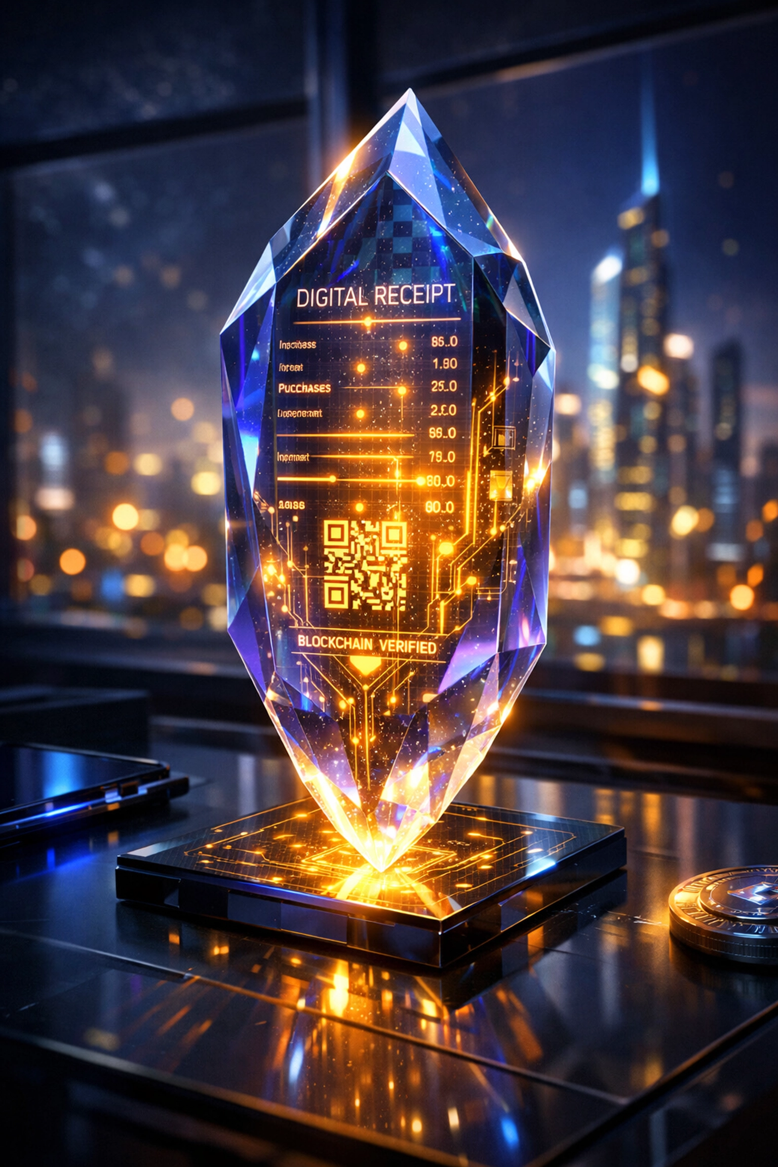 A futuristic digital NFT receipt shard representing secure blockchain transaction data for Larecoin.ai.