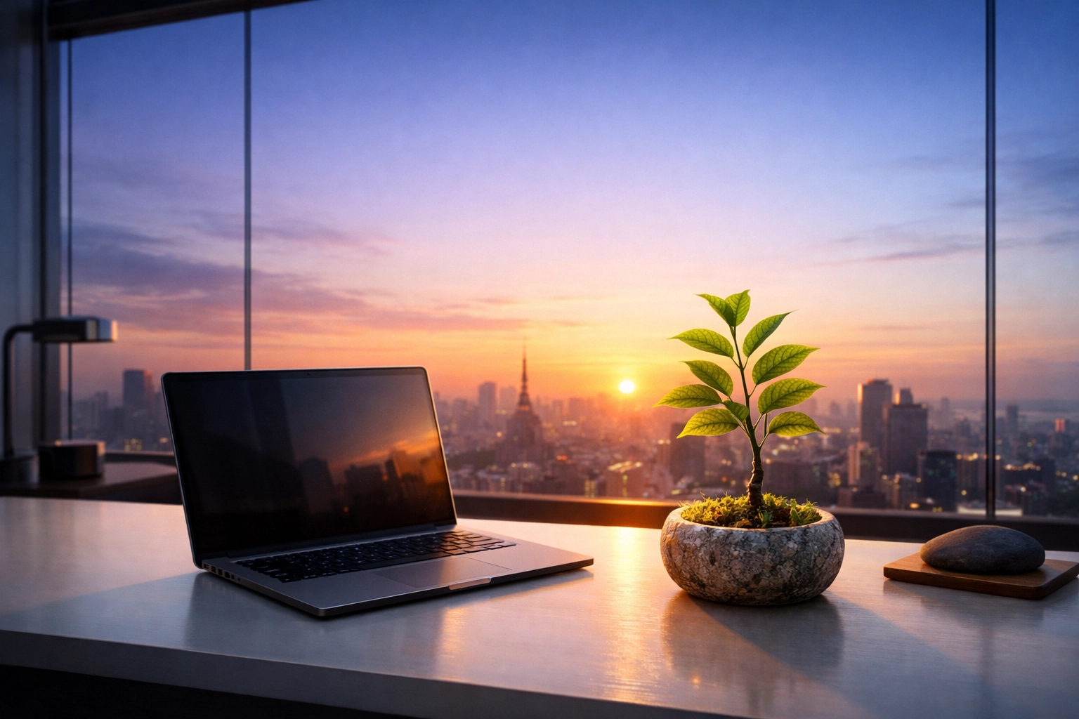 A green sapling beside a laptop at sunrise, symbolizing spiritual growth and daily scripture reflection in a digital age.