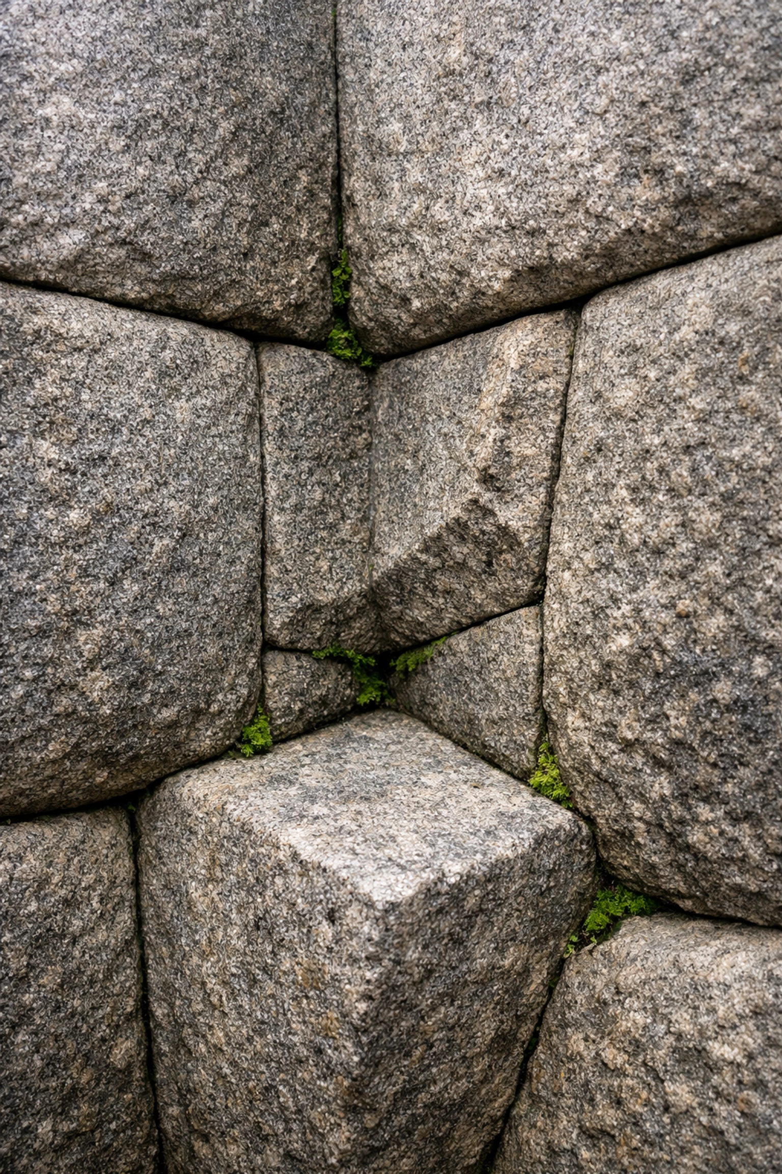 Detailed close-up of seamless Incan stonework and ancient granite walls at Machu Picchu.