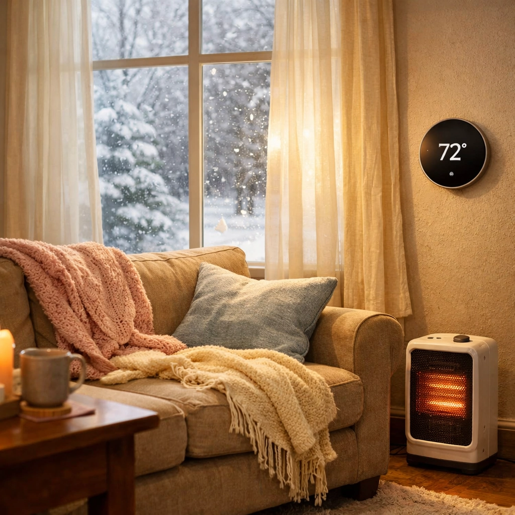 Cozy Pennsylvania living room interior protected during winter weather conditions
