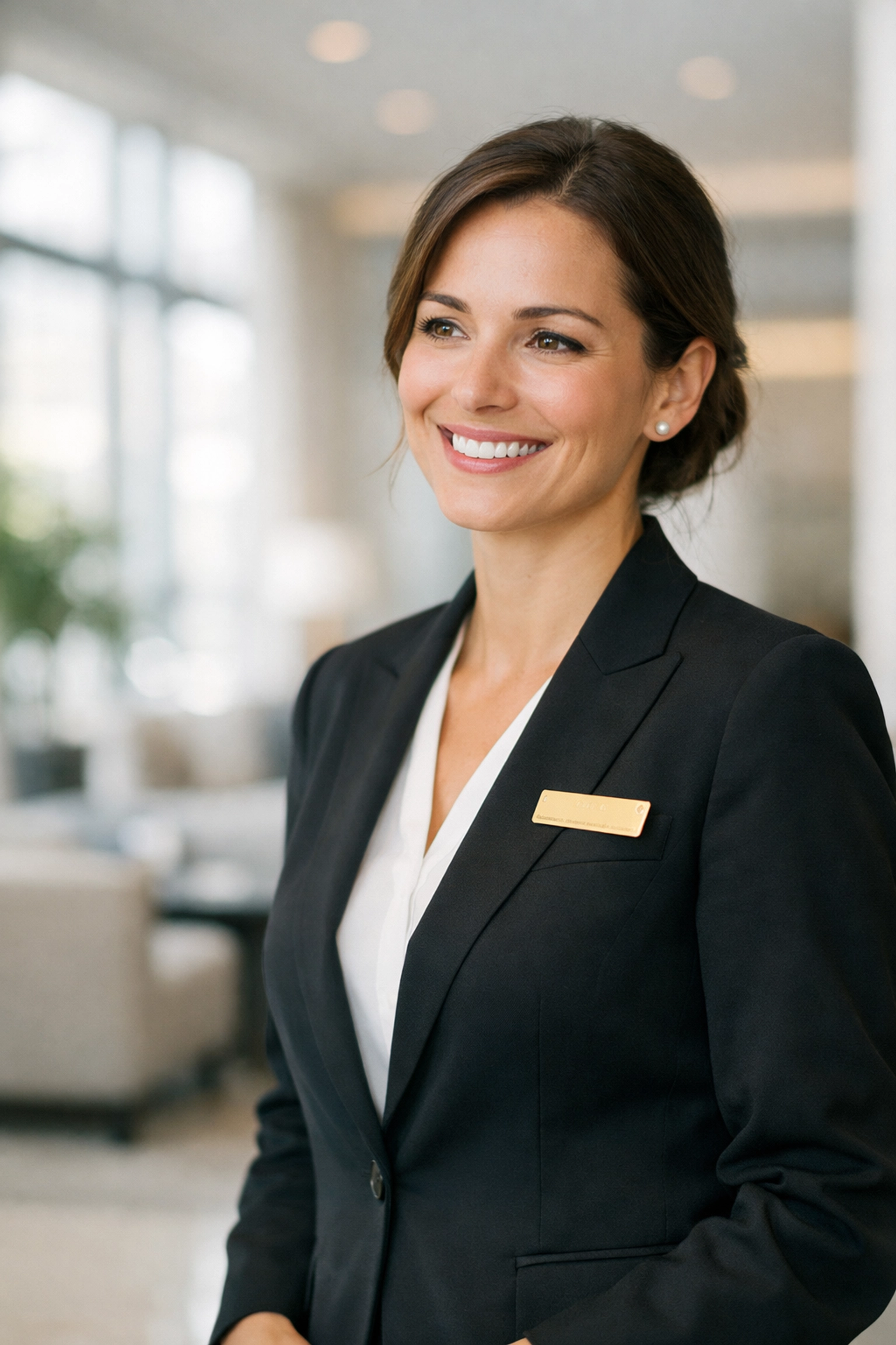 A smiling hotel receptionist enjoying her work after switching to a modern hotel property management system.