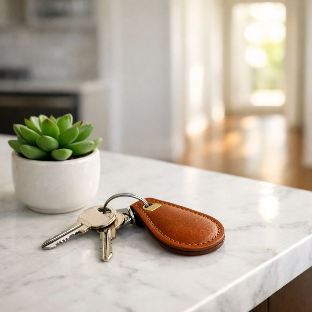 House keys on a modern counter marking the completion of an estate settlement home sale in Omaha.