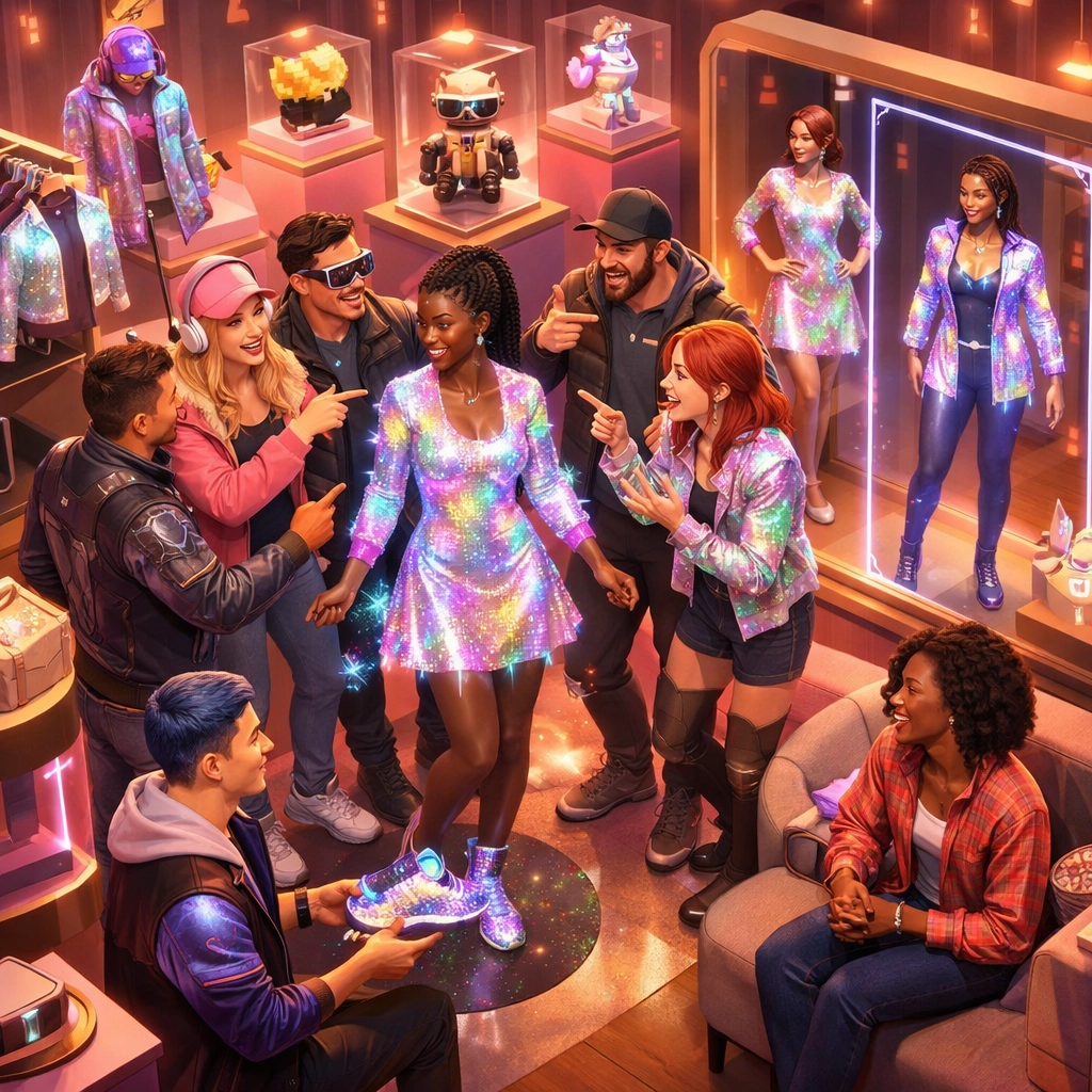 Group of avatars social shopping together in VR fashion boutique with AR try-on features
