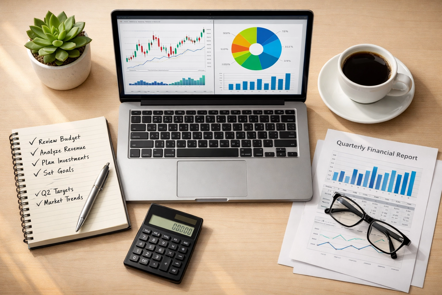 QuickBooks Online workspace with financial reports and laptop for conducting a pulse check