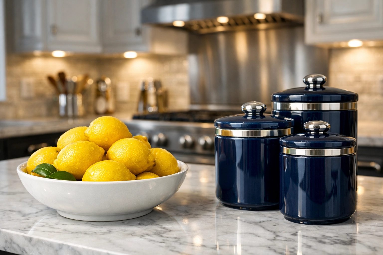 Deep house cleaning results on a sparkling marble kitchen countertop with polished stainless steel appliances.