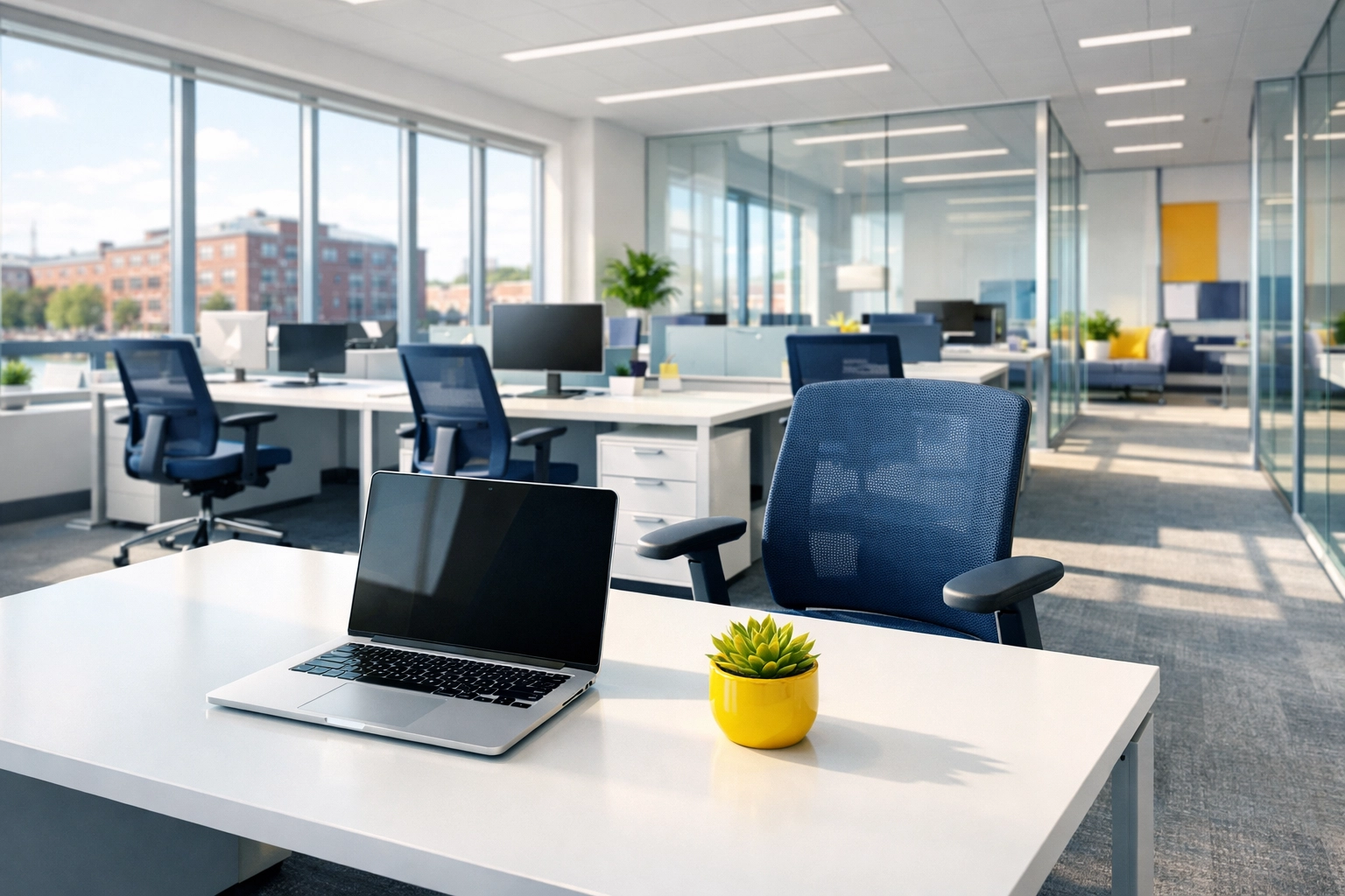 Clean, organized professional office space in the Worcester Canal District optimized for productivity.